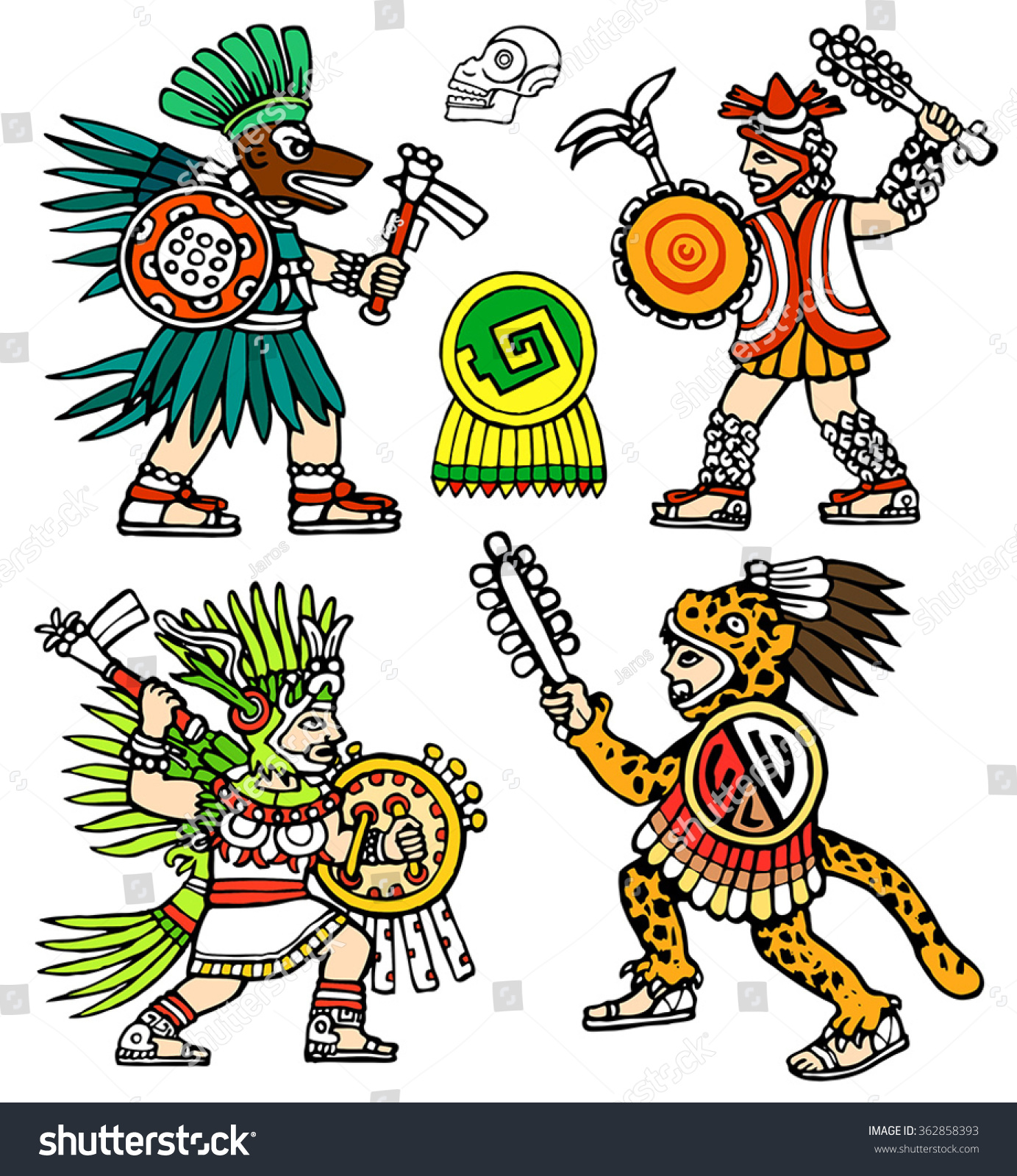 Four Aztec Warriors Skull Jaguar Shield Stock Vector (Royalty Free ...