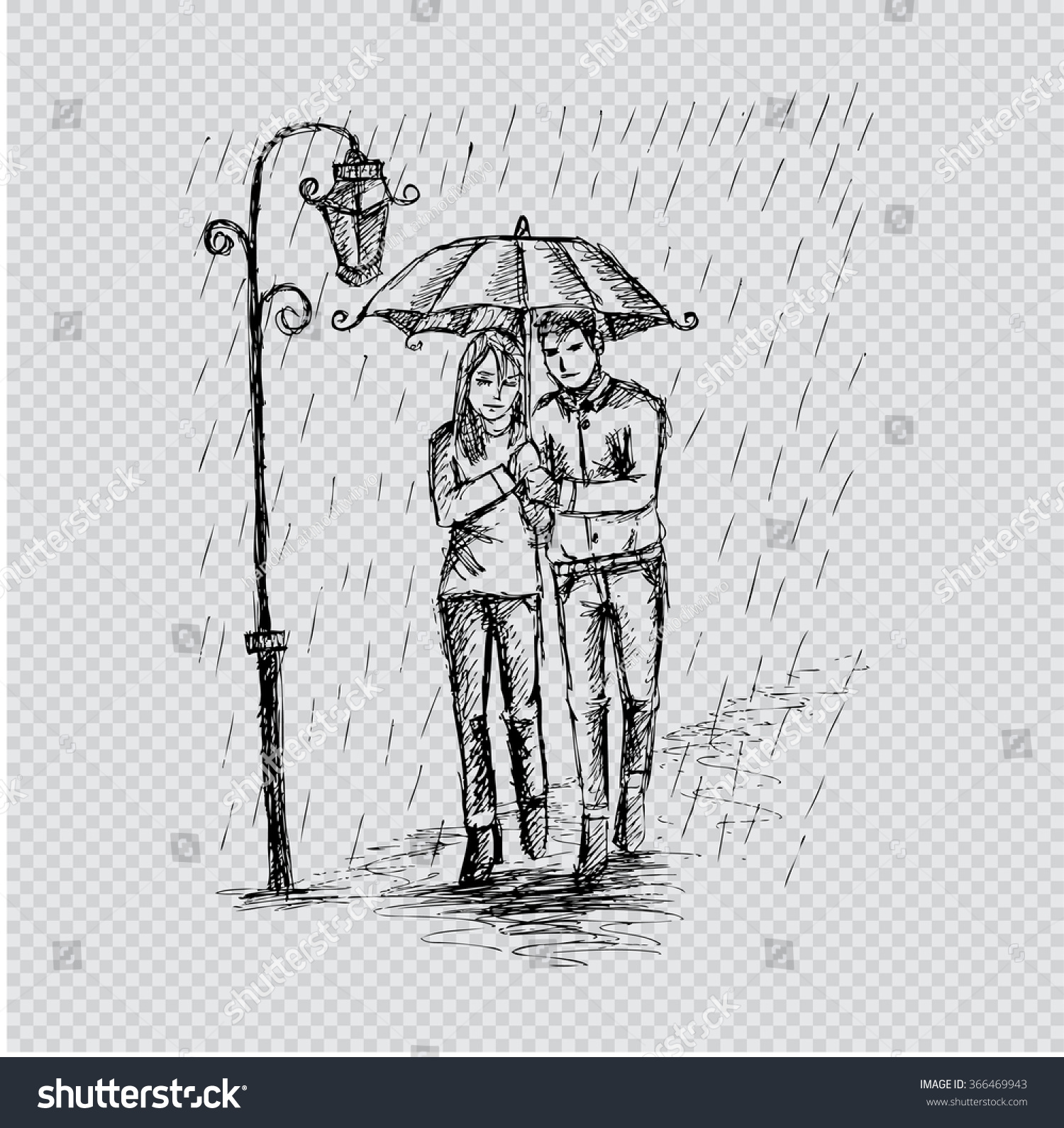 Зарисовки карандашом пары под зонтом