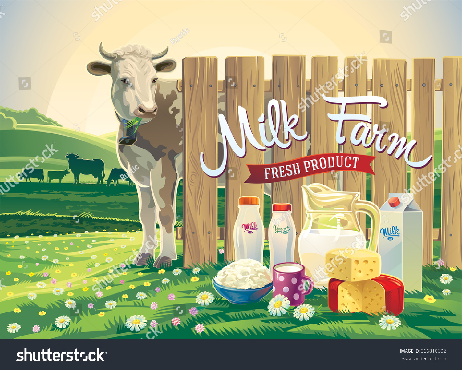 Set Milk Products Farm Cow Rural Stock Vector (Royalty Free) 366810602 ...