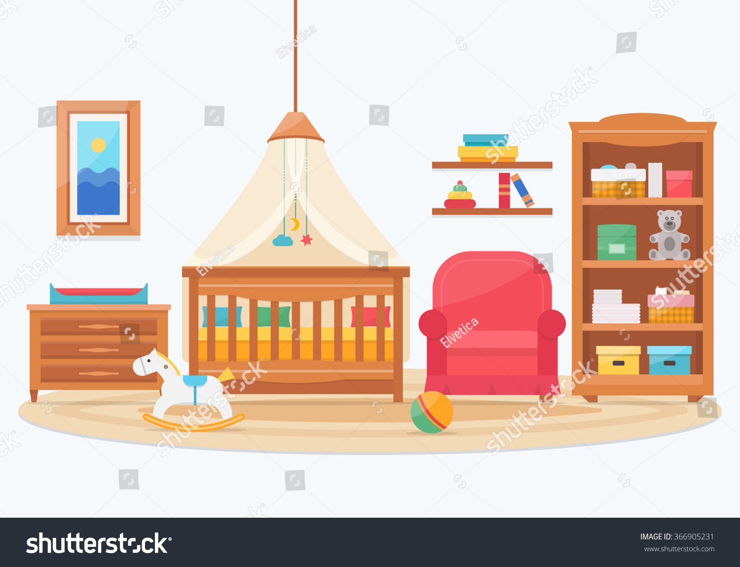 Мультяшная детская комната с игрушками