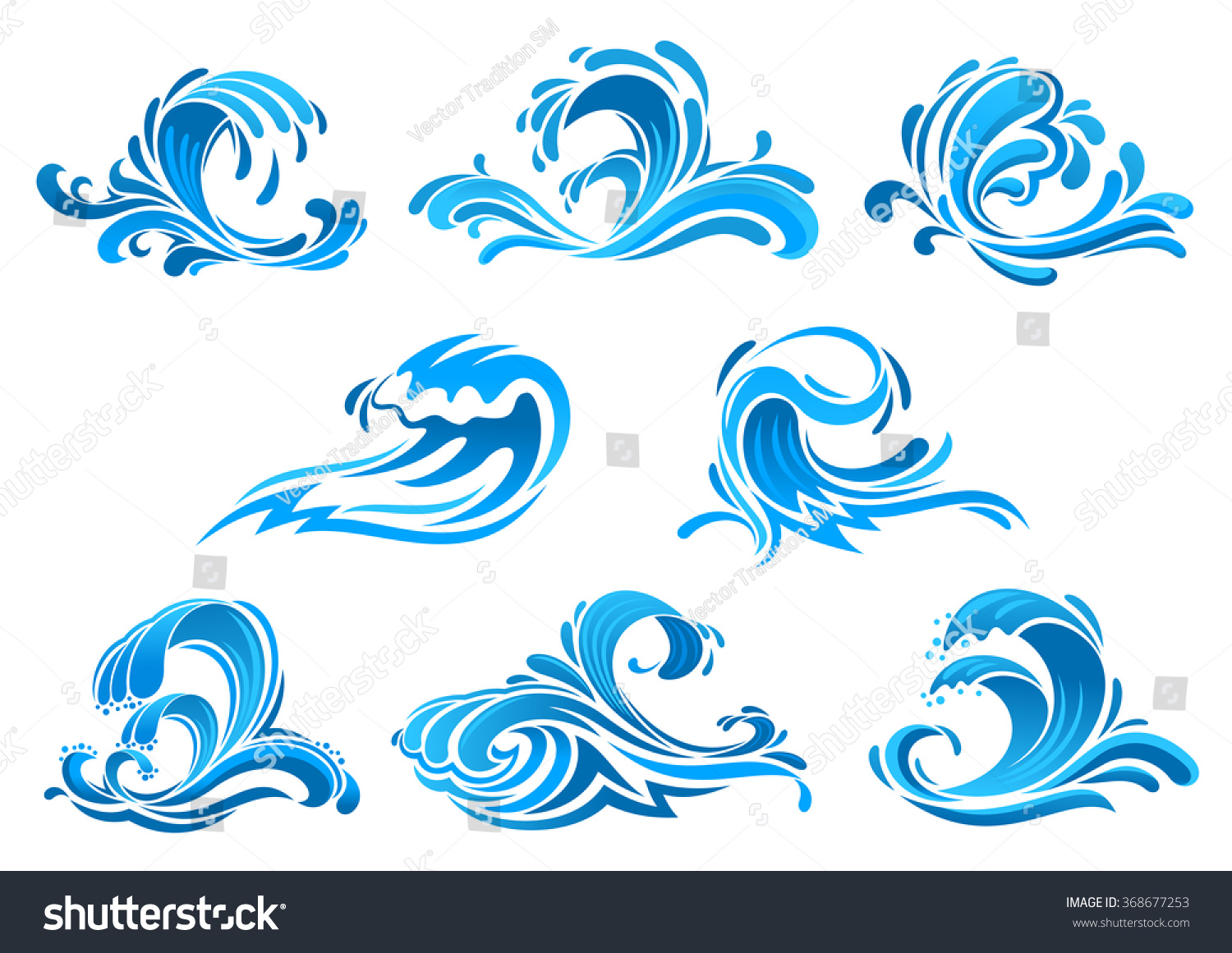 Sea Ocean Waves Icons Set Blue Stock Vector (Royalty Free) 368677253 ...