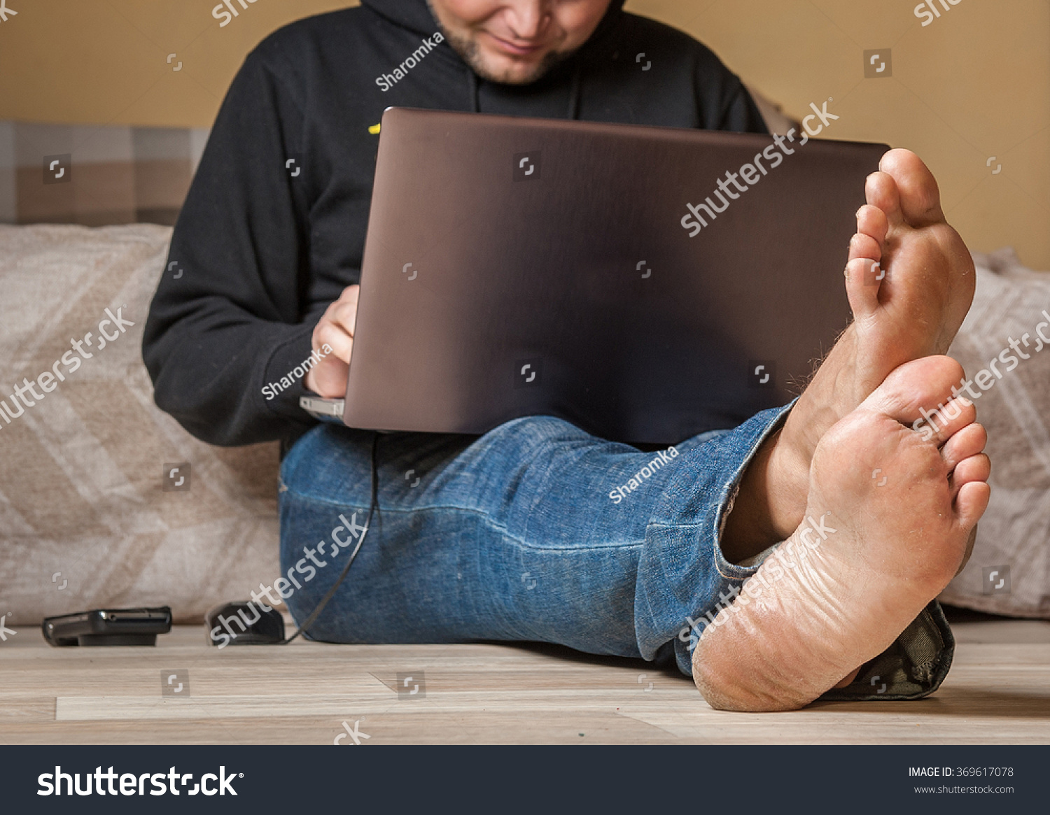 Happy Barefoot Man Working On His Stock Photo 369617078 | Shutterstock