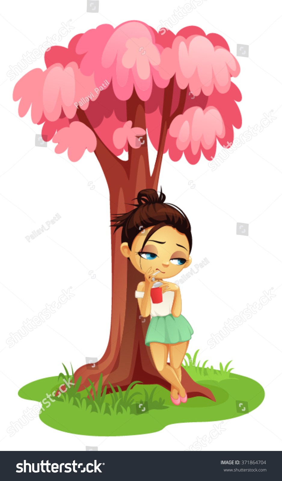 girl sitting against tree cartoon