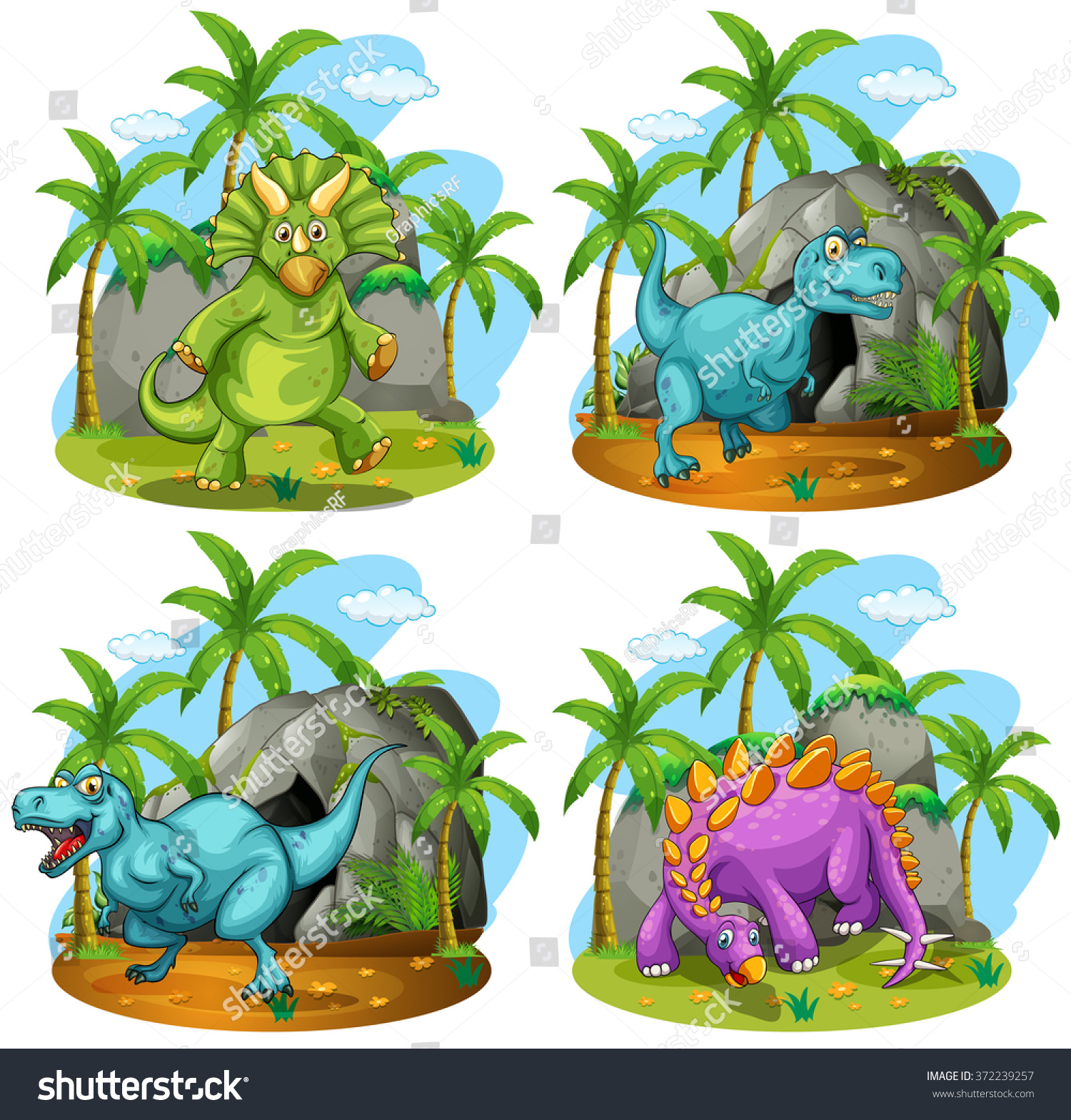 Four Dinosaurs Standing Field Illustration Stock Vector (Royalty Free ...