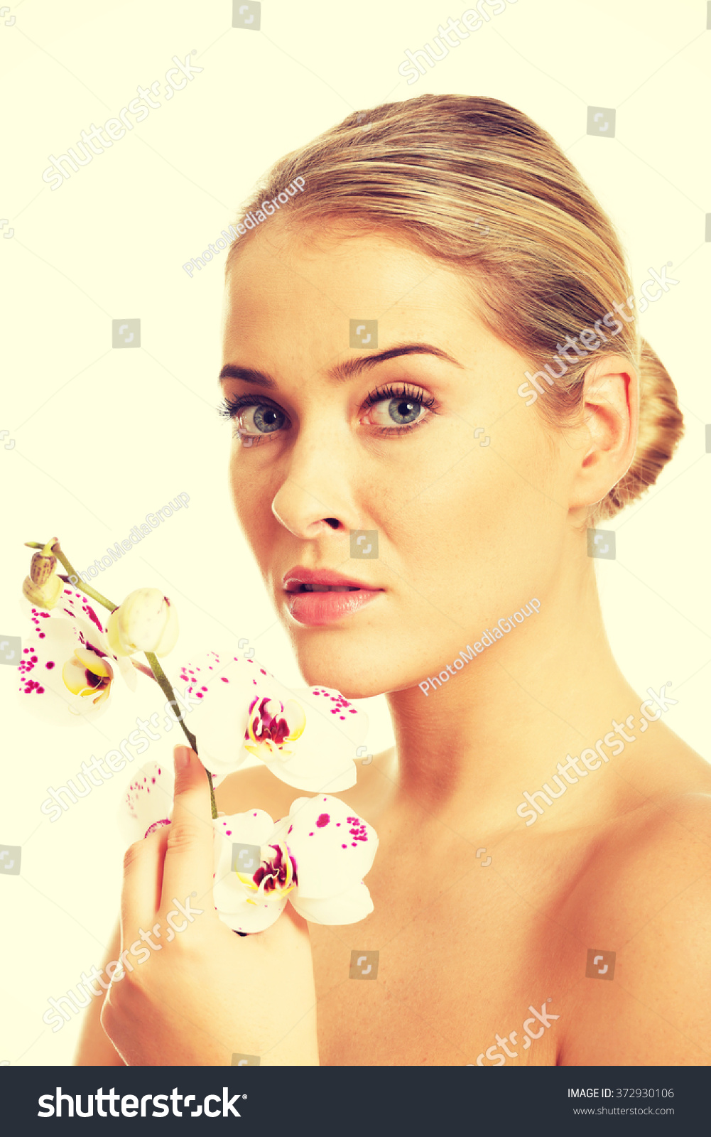 Sensual Portrait Nude Woman Orchid Flower Stock Photo