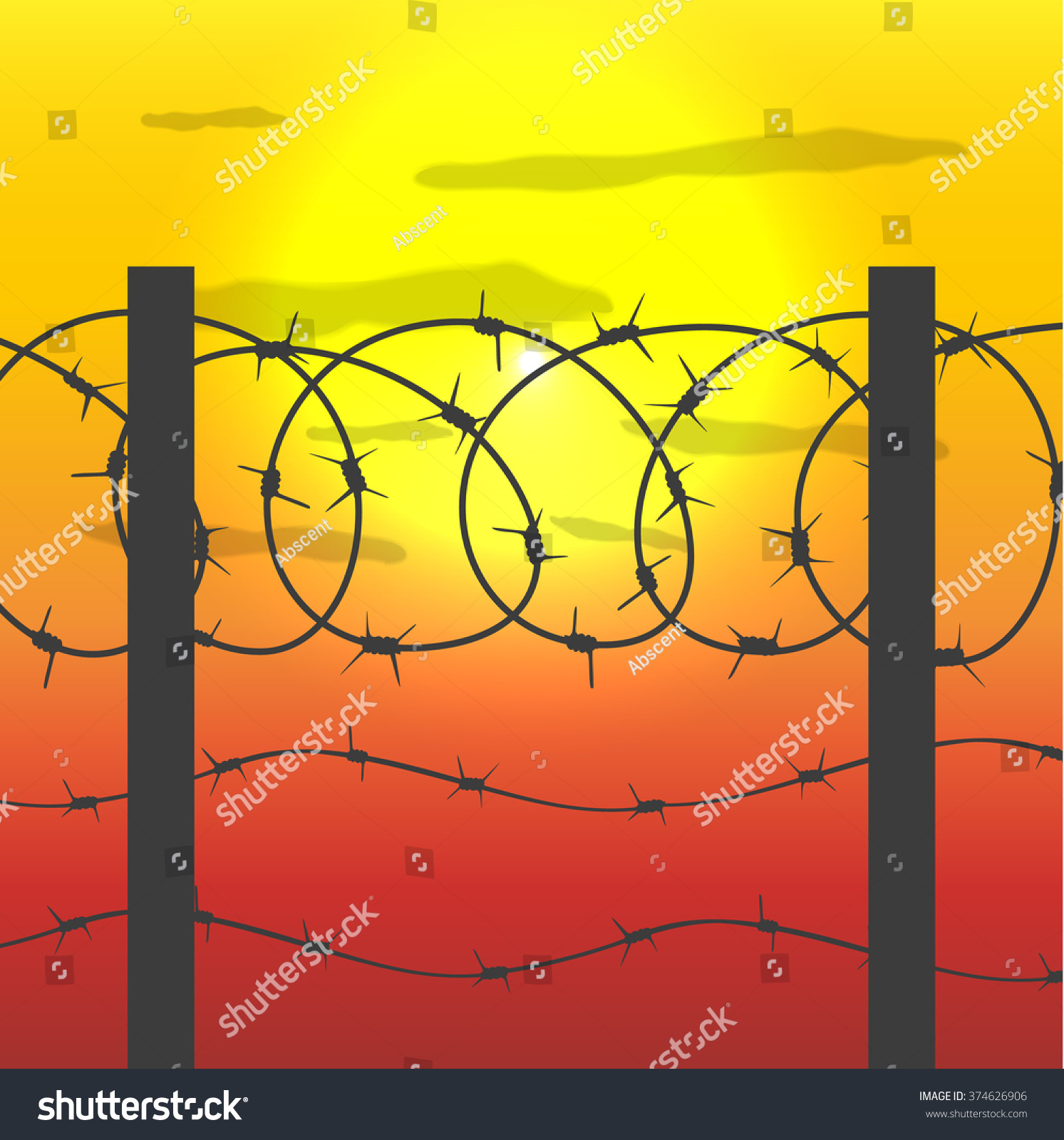 Silhouette Fence Barbed Wire Sunset Sky Stock Vector (Royalty Free ...