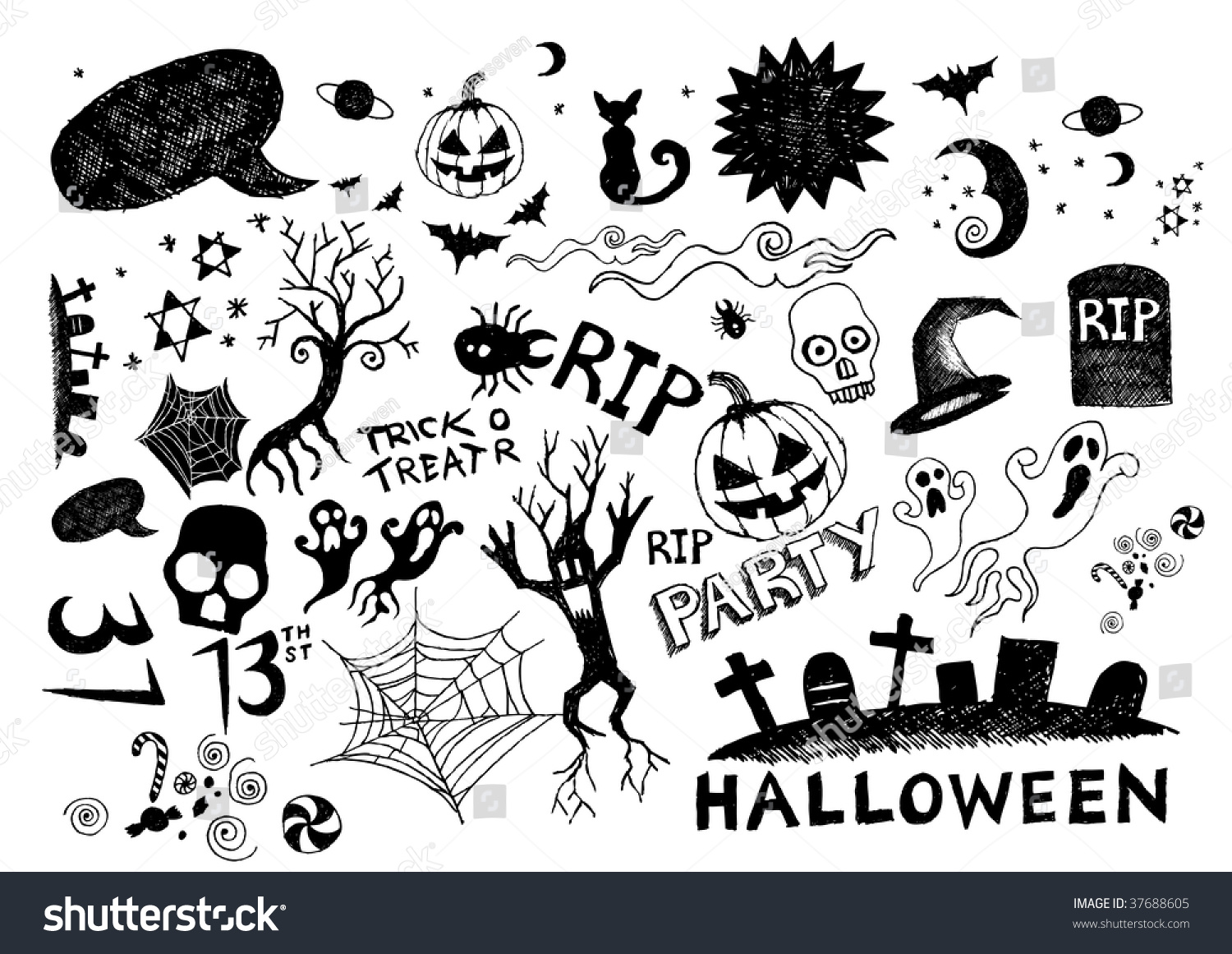 Стикеры на Хэллоуин черно белые