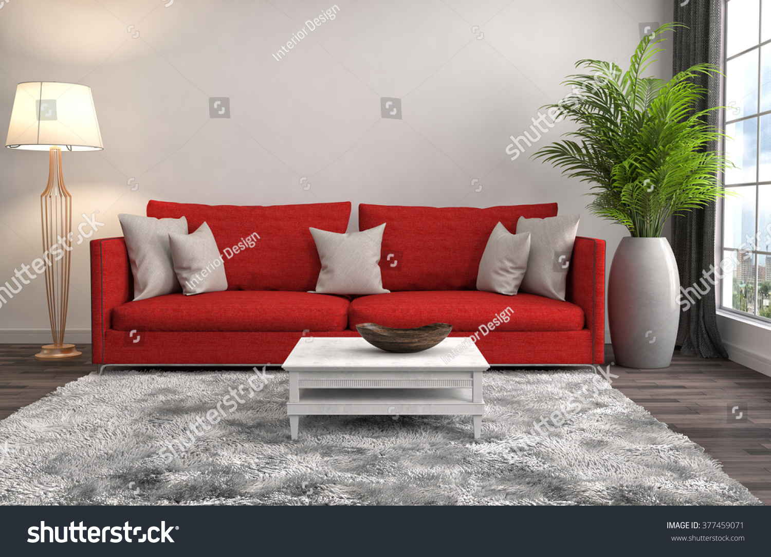 серый диван с красными подушками