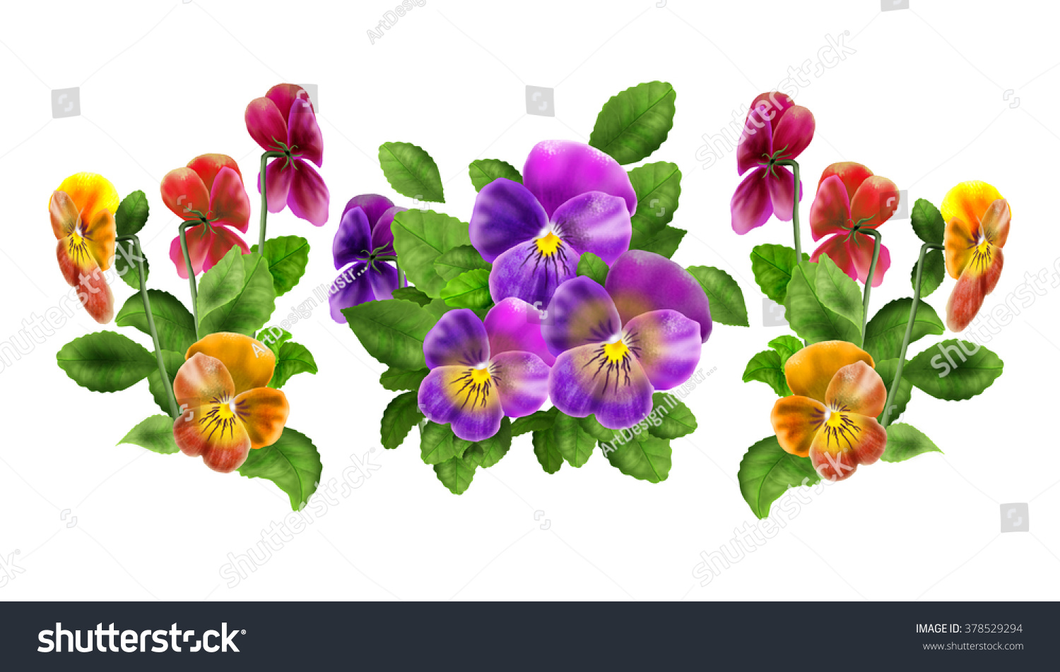 Beautiful Colorful Pansy Floral Pattern Three Stock Illustration ...