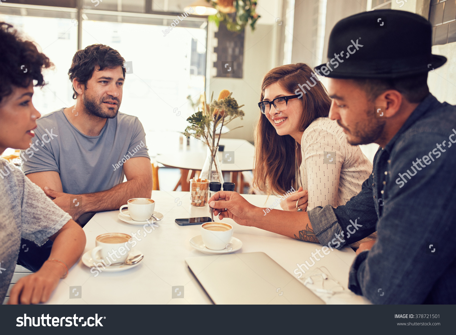 Group Young Friends Sitting Talking Coffee Stock Photo 378721501 ...