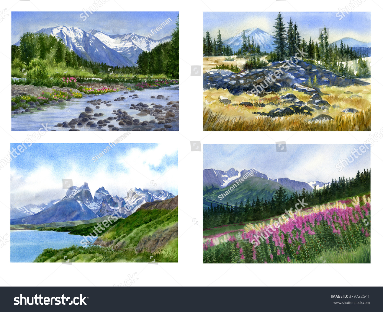 Mountain Peaks Trees Wild Flowers Clip 库存插图 379722541 | Shutterstock