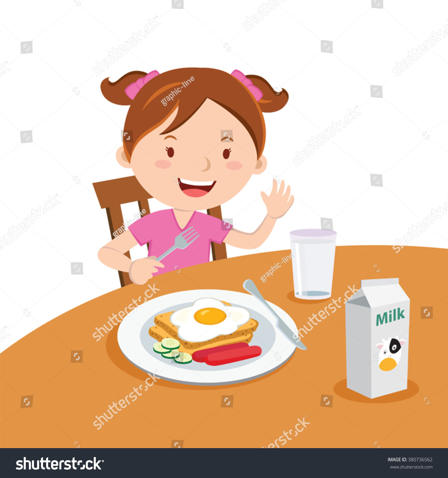 Girl Eating Breakfast Vector Illustration Cute Vetor Stock Livre De Direitos 380736562 