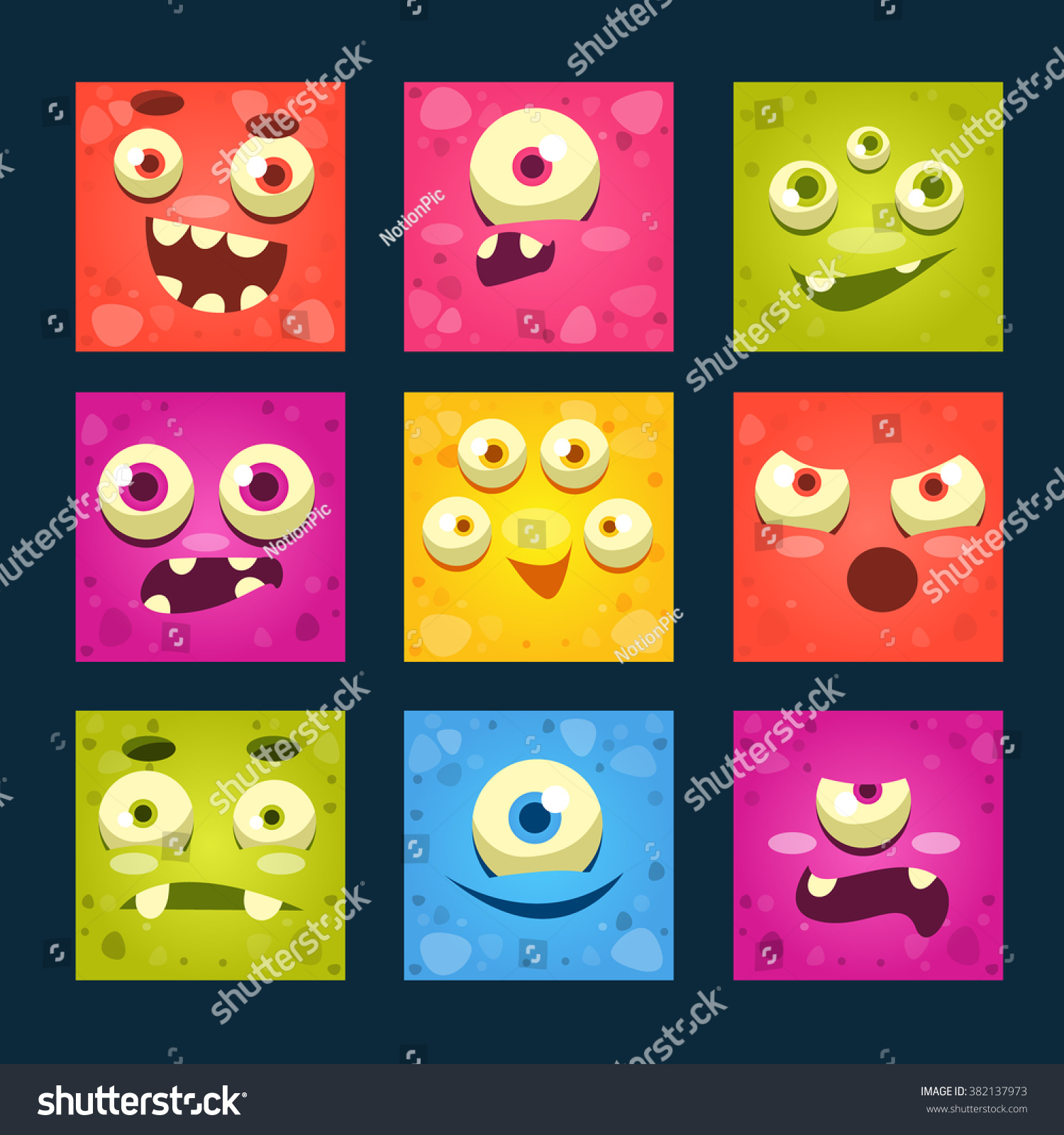 Square Cartoon Monster Faces Vector Illustration Stock Vector (Royalty ...