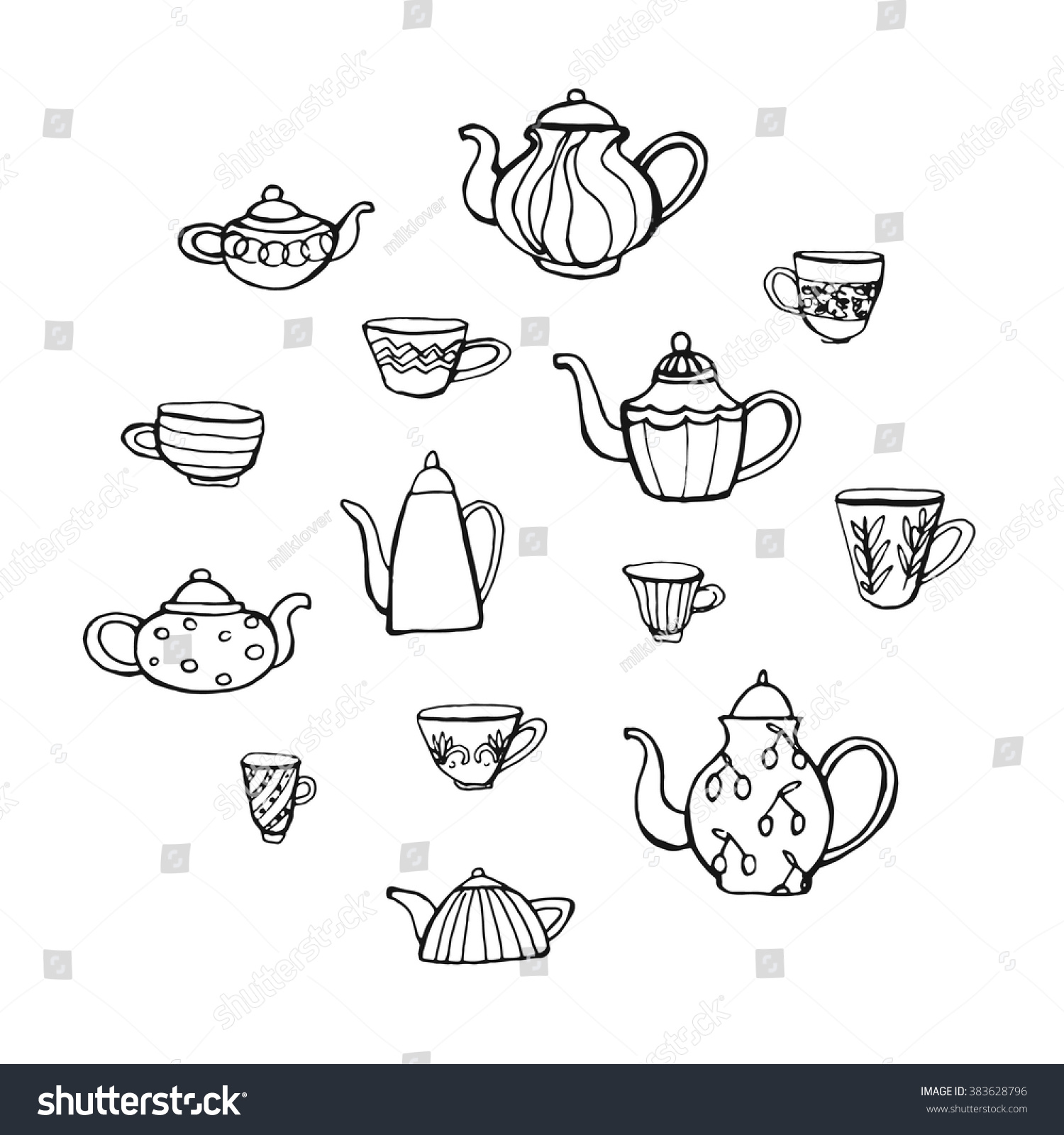 Set Hand Drawn Cups Teapots On Stock Vector Royalty Free 383628796 Shutterstock 7529