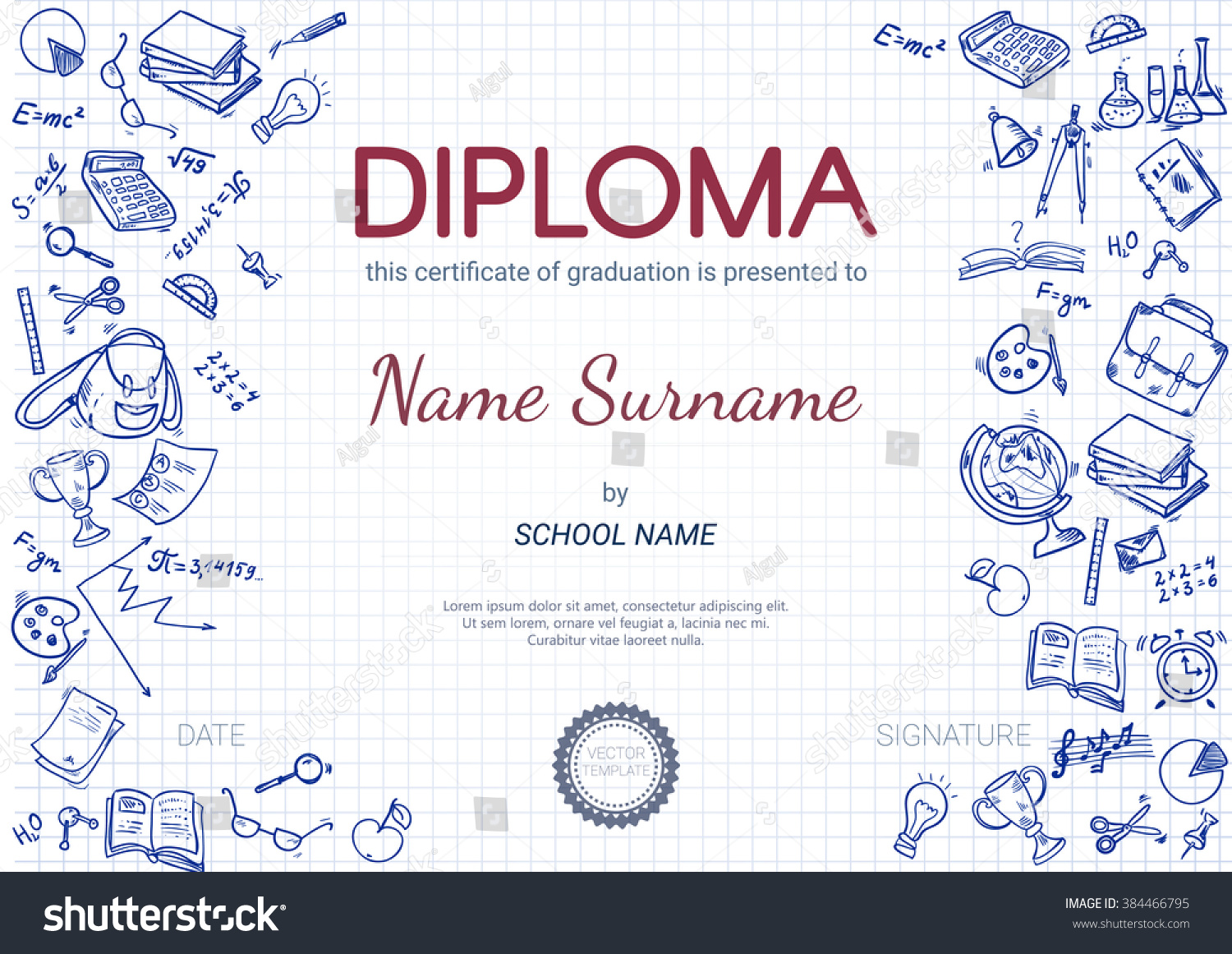 Vektor Stok Kids Diploma Certificate Design Template Doodle Tanpa