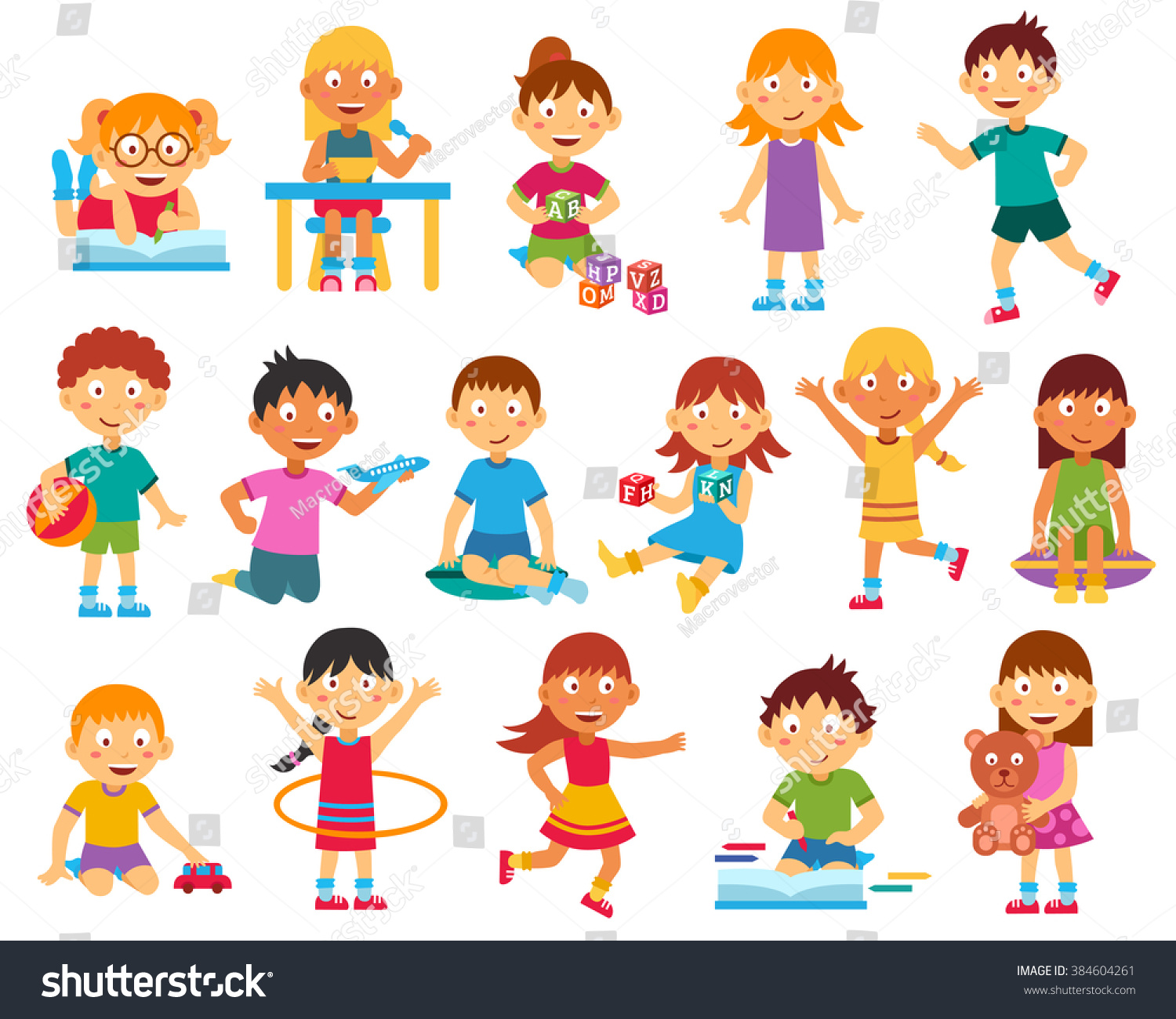 Happy Kids Playing Reading Running Flat Stock Vector (Royalty Free ...