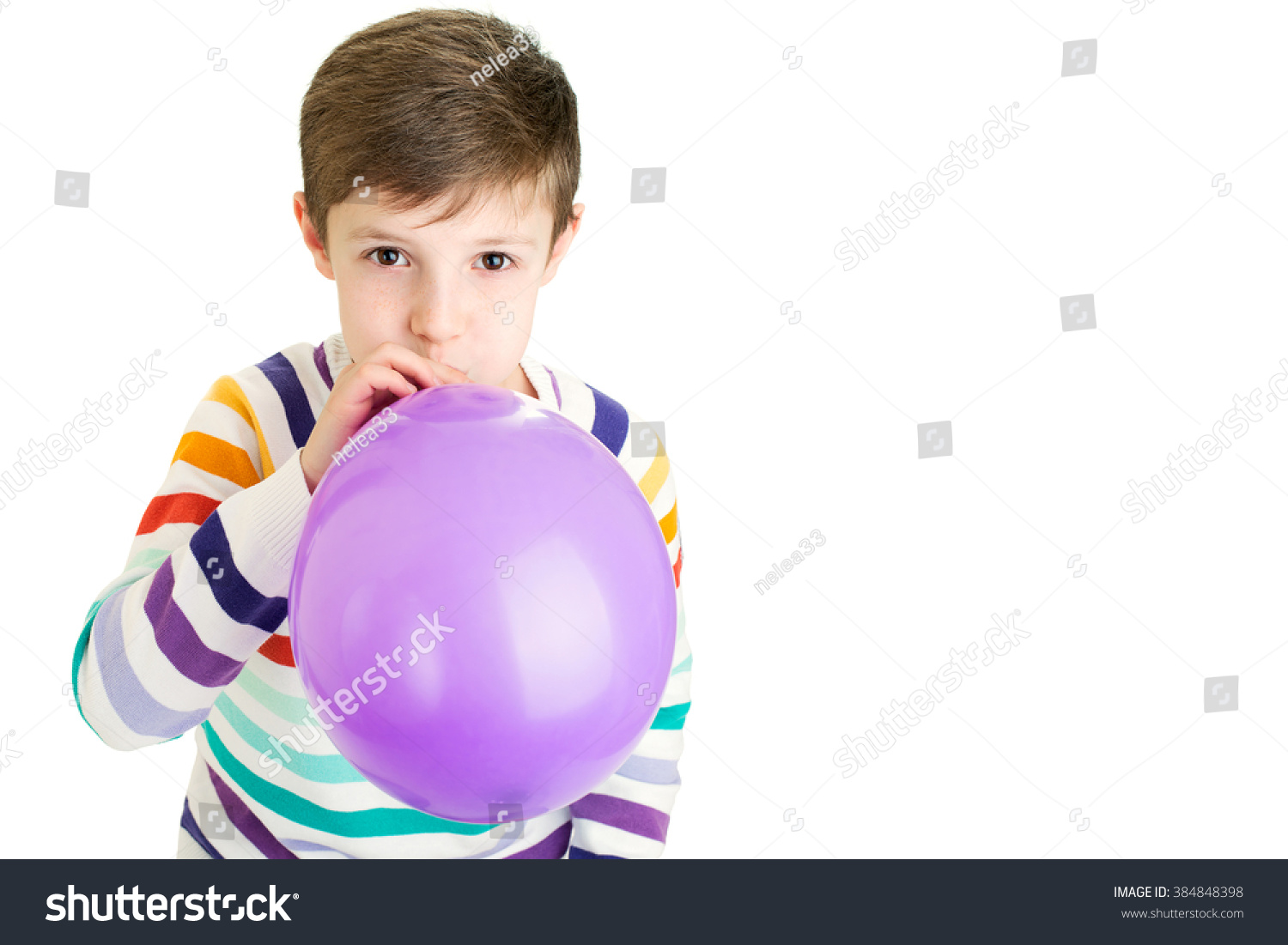 Funny Boy Inflates Violet Balloon Isolated Stock Photo 384848398 ...