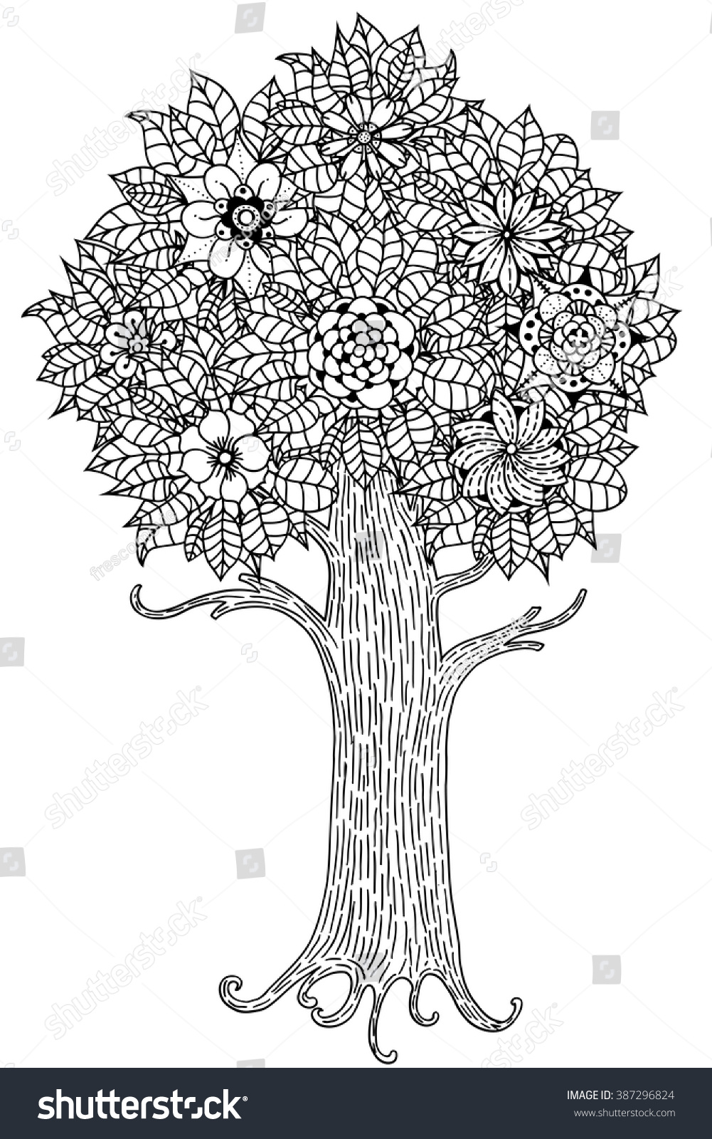 Tree Leaves Flowers Vector Coloring Book Stock Vector (Royalty Free ...