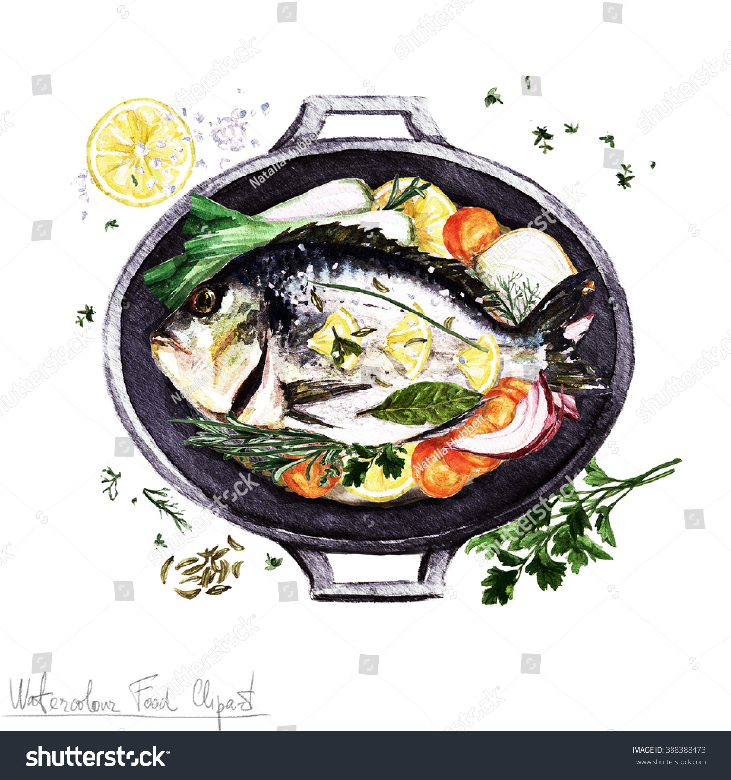 Акварель блюда из рыбы