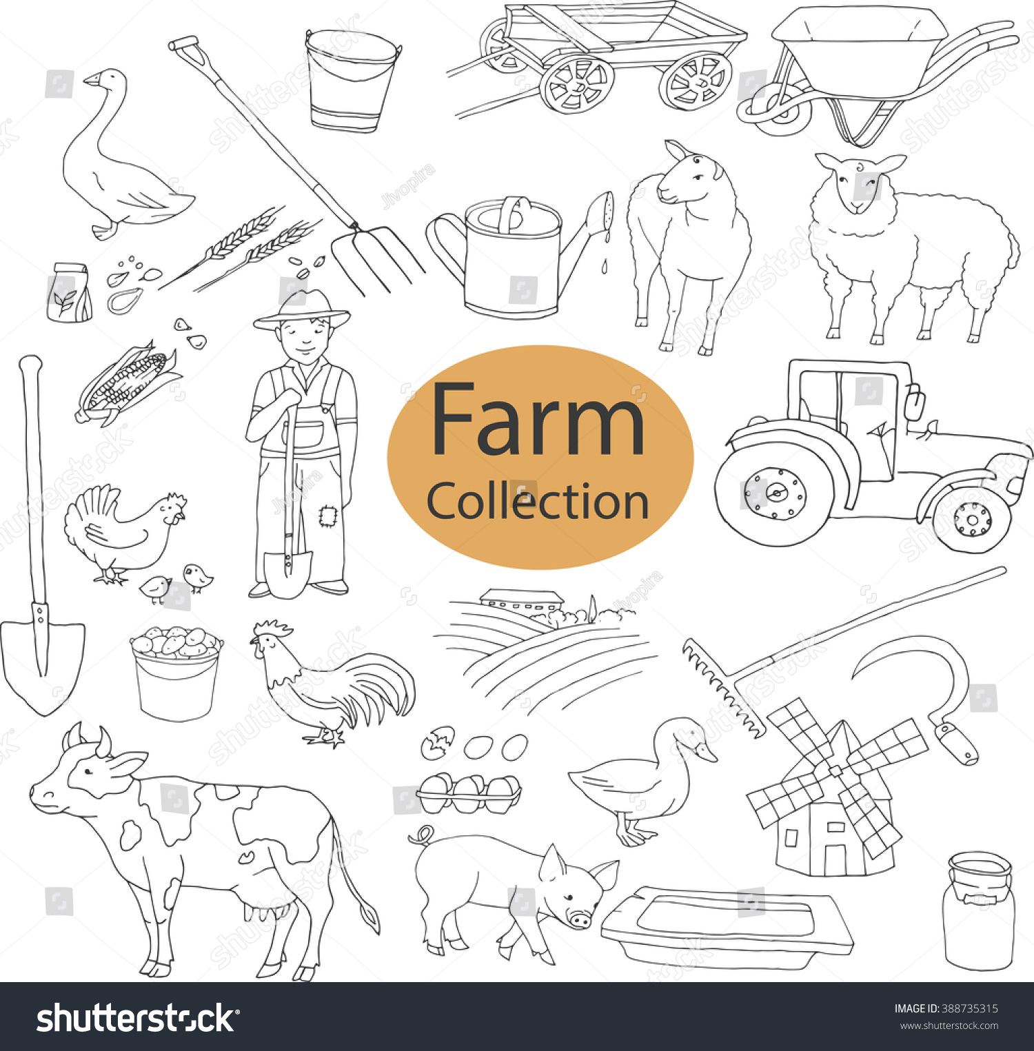 Collection Farm Doodles Different Objects Instruments Stock Vector ...