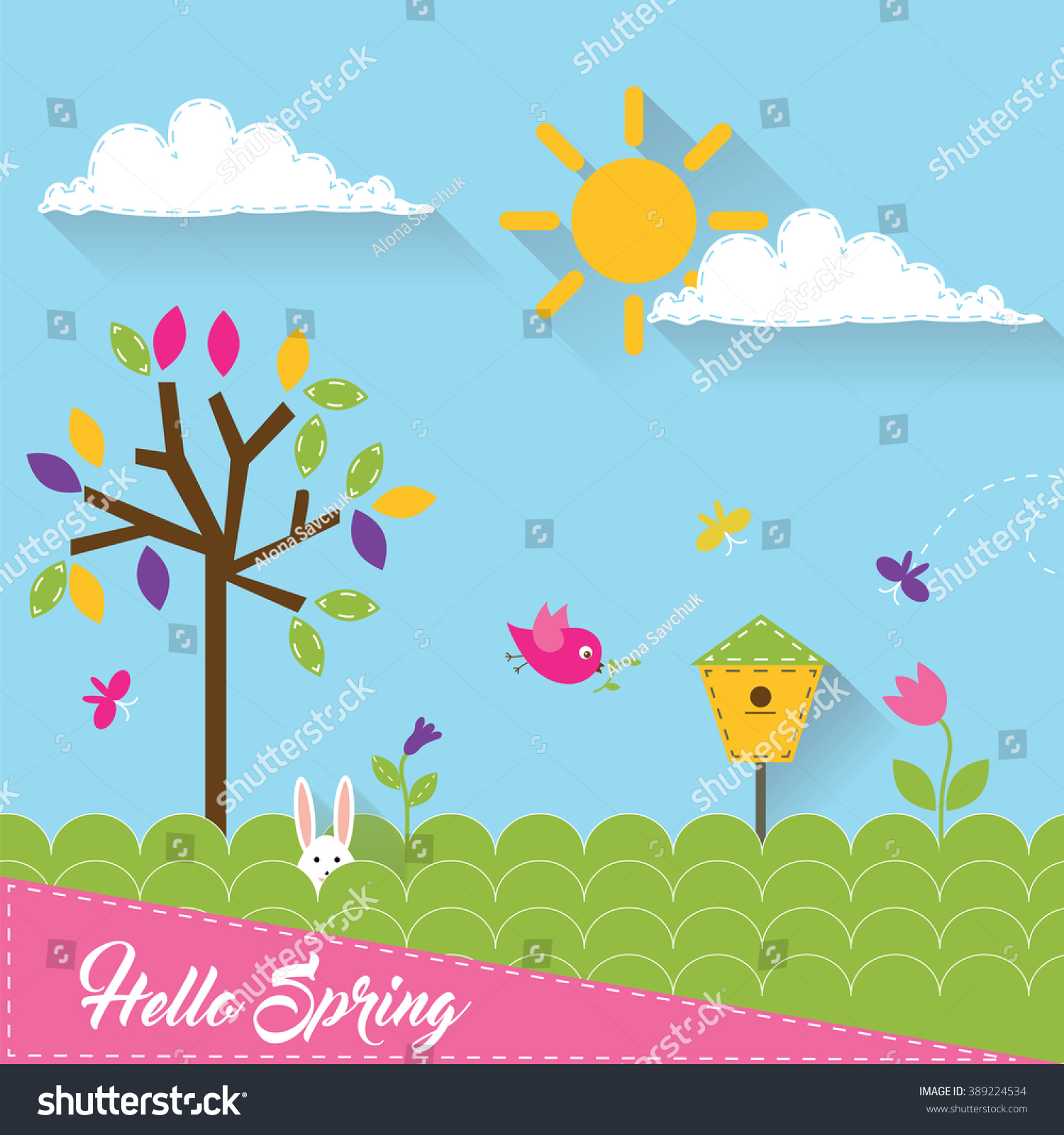 Spring Background Butterflies Tree Sun Vector Stock Vector (Royalty ...