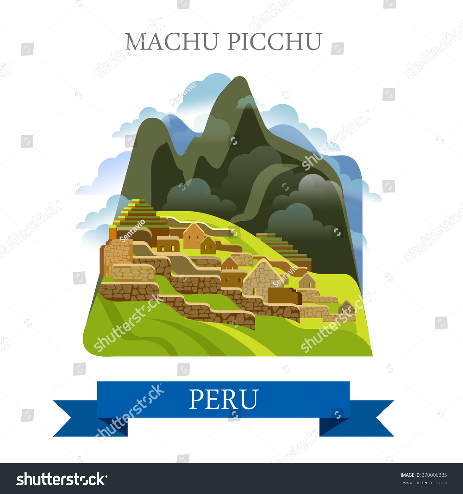 Machu Picchu en Perú. La vista: vector de stock (libre de regalías