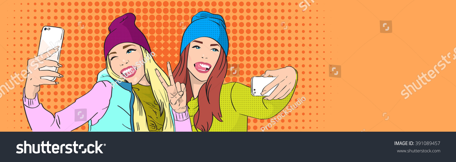 Two Girls Taking Selfie Posing Cell Stock Vector Royalty Free 391089457 Shutterstock 