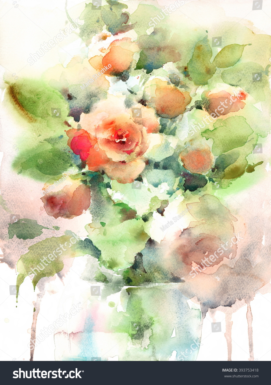 Watercolor Roses Flowers Vase Floral Background Stock Illustration ...