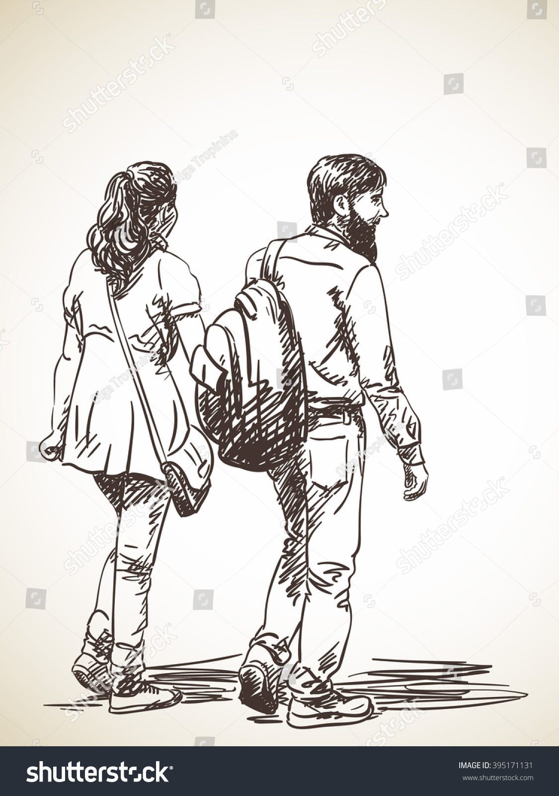 Sketch Walking Couple Hand Drawn Illustration Stock Vector (Royalty ...