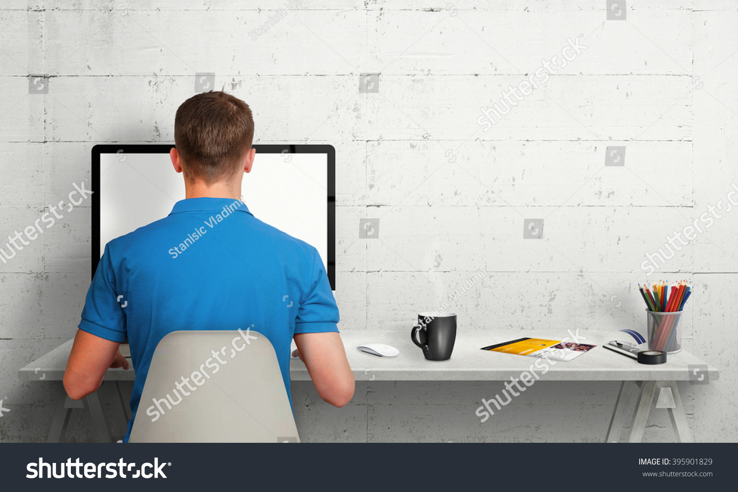 Guy Work On Computer Isolated Screen For Mockup, Web Design