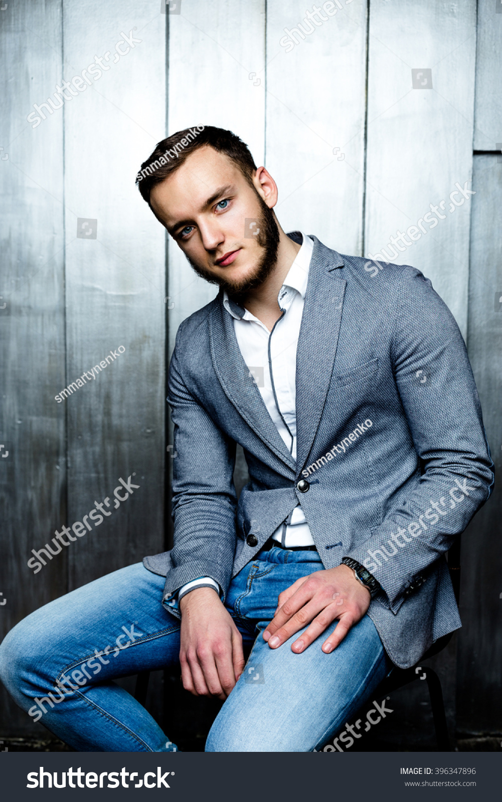 Young Man Wearing Elegant Suit Sitting Stock Photo 396347896 