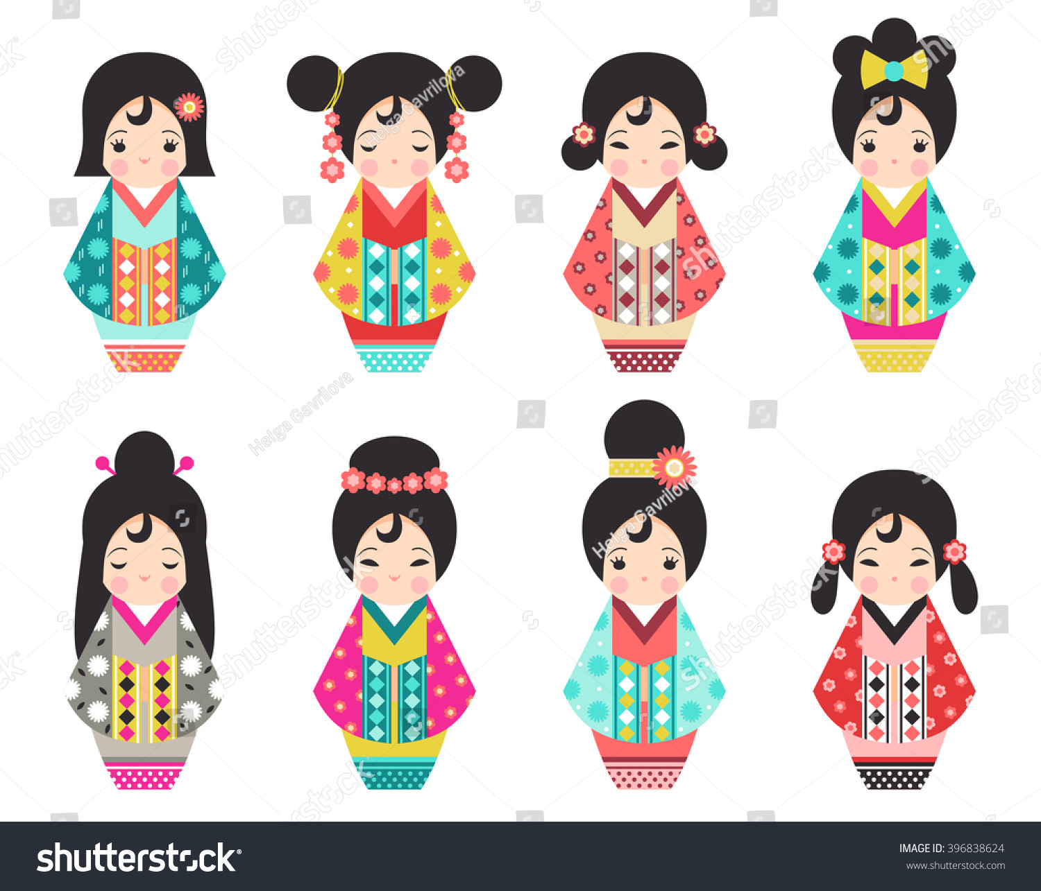 Set Cute Japanese Kokeshi Dolls Stock Vector (Royalty Free) 396838624 ...