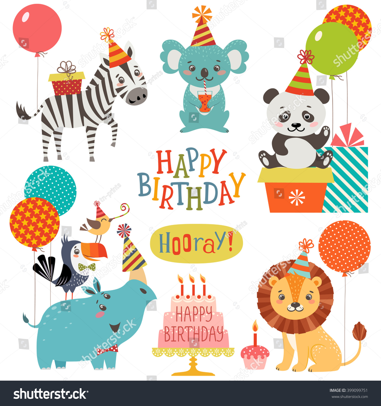 Set Cute Animals Birthday Design Stock Vector (Royalty Free) 399099751 ...