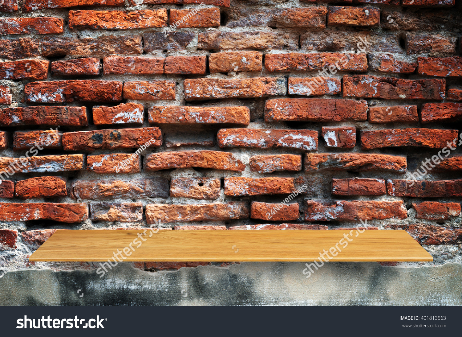 Top Wooden Shelves Brick Wall Background Stock Photo 401813563