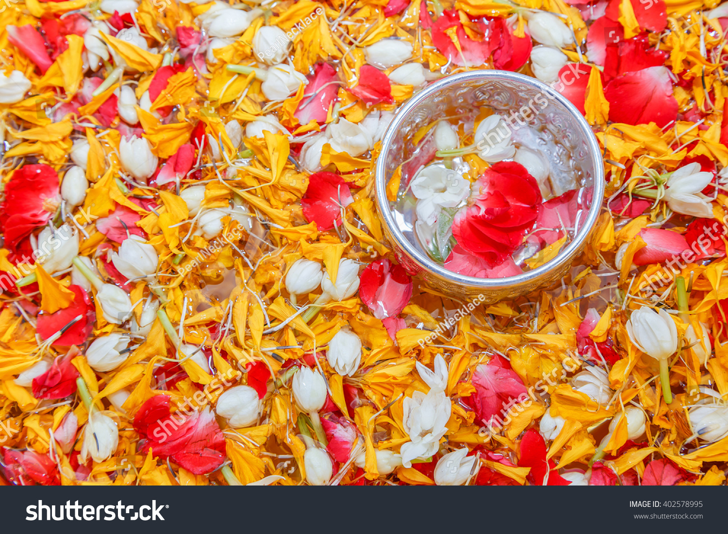 6 Jasmine Garlands And Marigold Petal On Water Bowl For Respect To ...