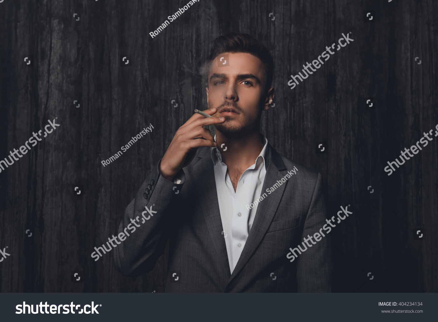 Sexy Brutal Man Gray Suit Smoking Stock Photo 404234134 