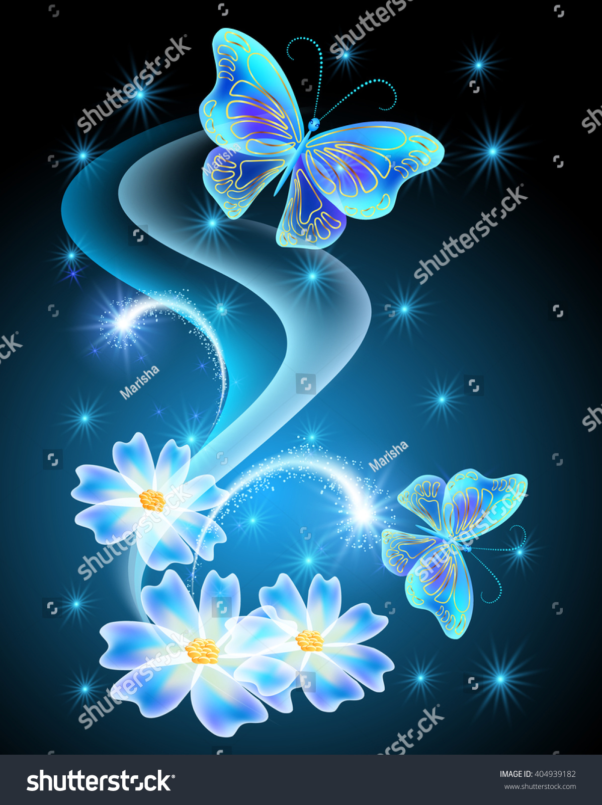 Neon Butterflies Flowers Shiny Stars Stock Vector (Royalty Free ...