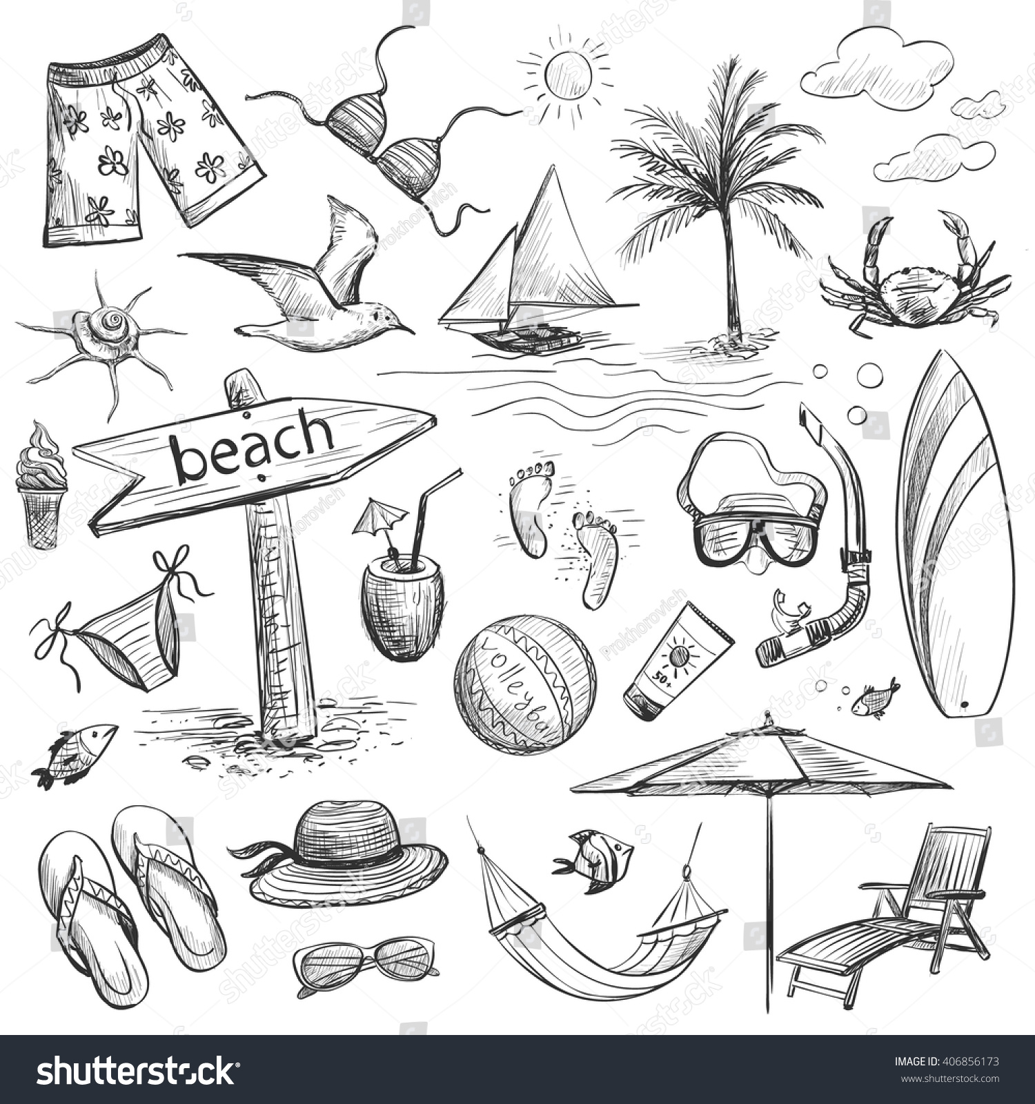 Sketch Collection Sea Vacation Isolated Pictures Stock Vector (Royalty ...