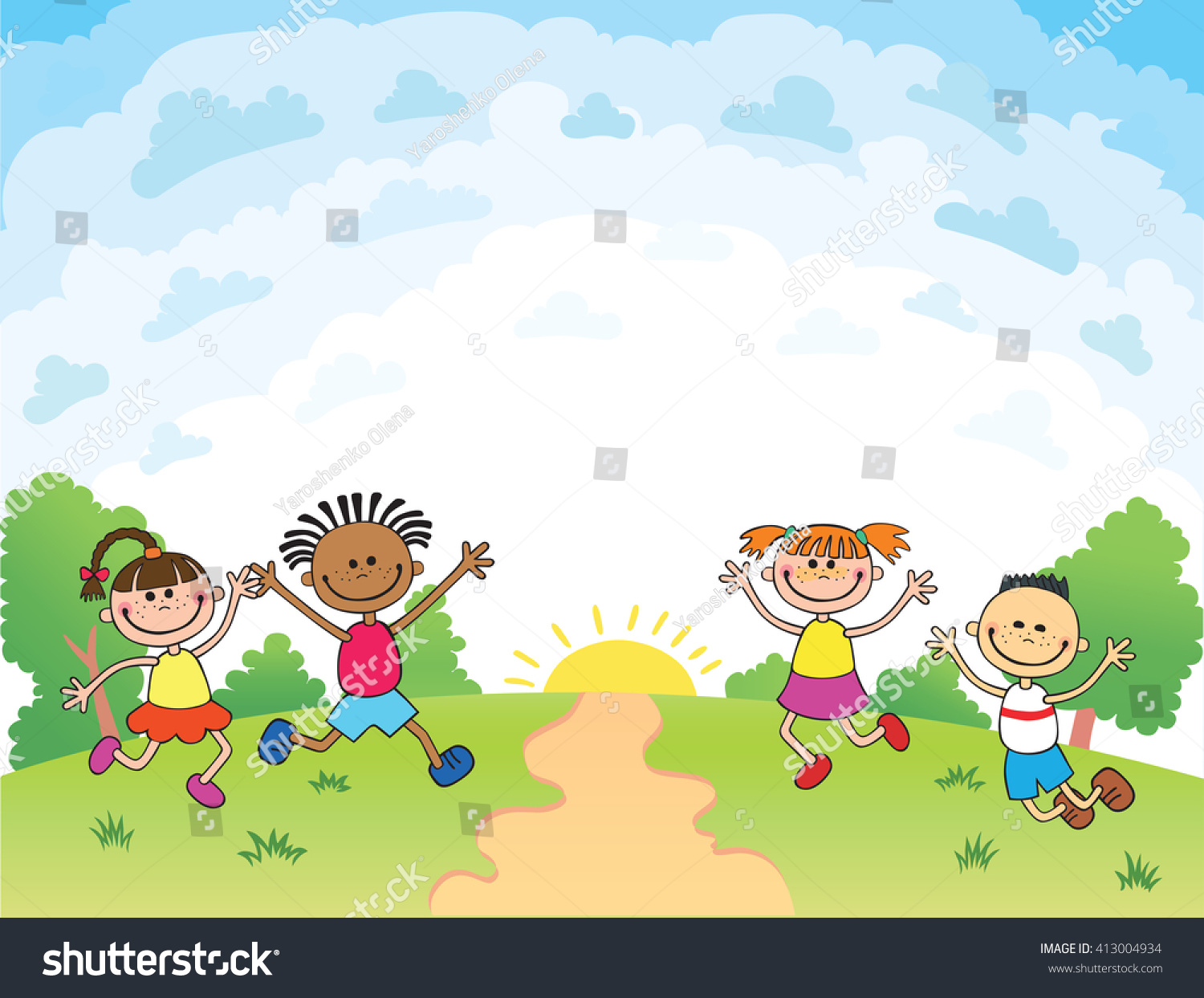 Children Jumping On Glade Cartoon Funny Stock Vector (Royalty Free ...