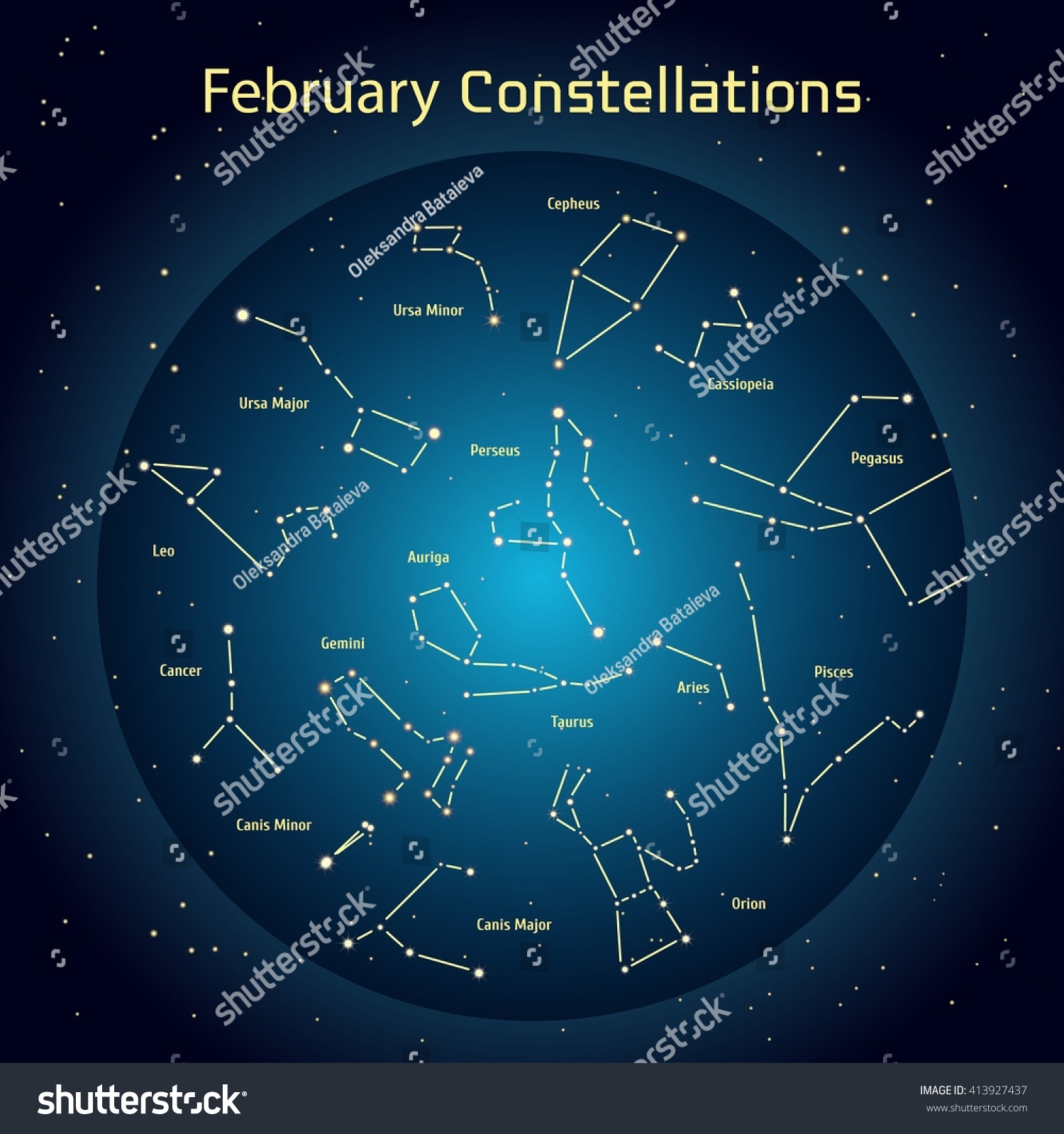 Vector Illustration Constellations Night Sky February Stock Vector ...