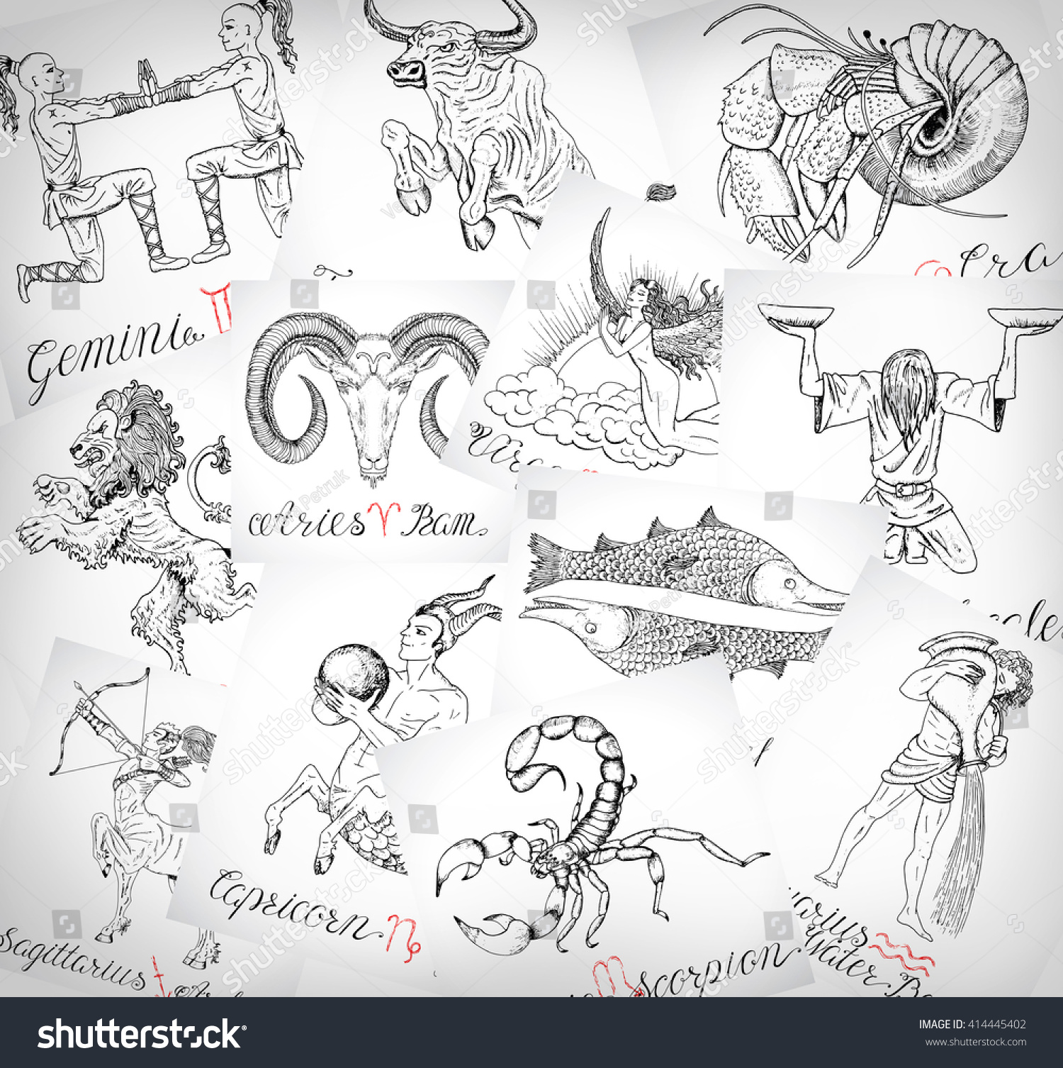 Collage Zodiac Emblems Line Art Hand Stock Illustration Shutterstock