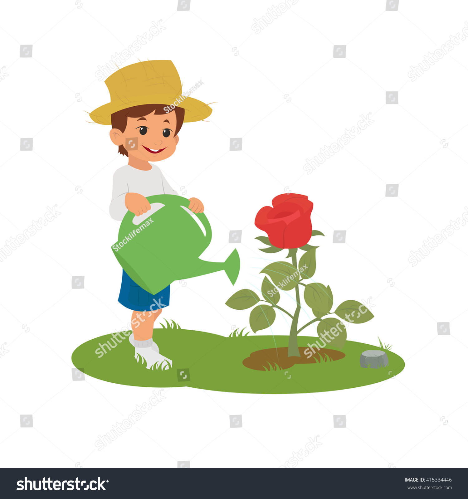 Мальчик поливает цветы