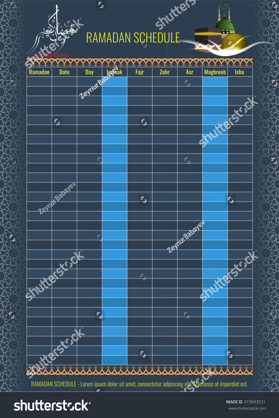 Ramadan Calendar Schedule Fasting Iftar Prayer Stock Vector (Royalty ...