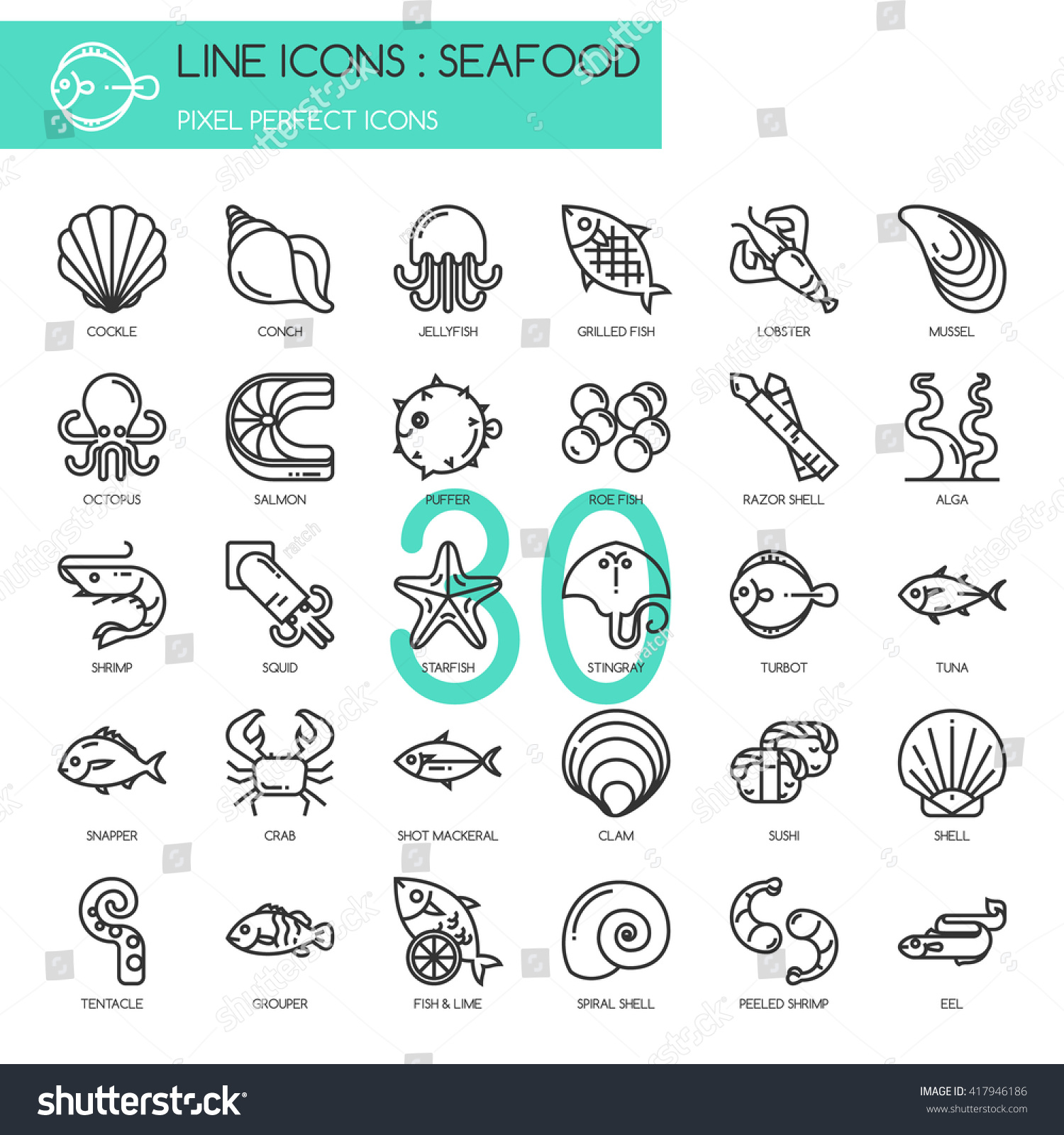 Seafood Thin Line Pixel Perfect Icons Stock Vector (Royalty Free ...