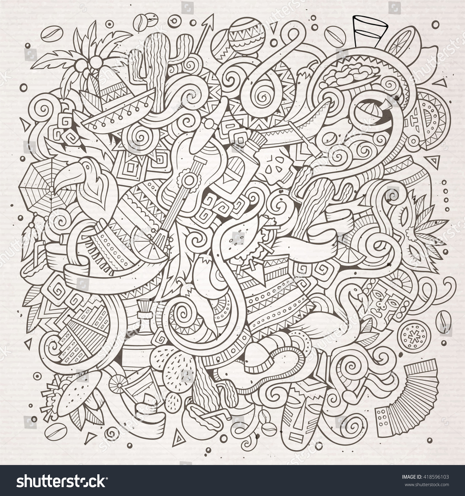 Cartoon Handdrawn Doodles Latin American Illustration Stock Vector ...