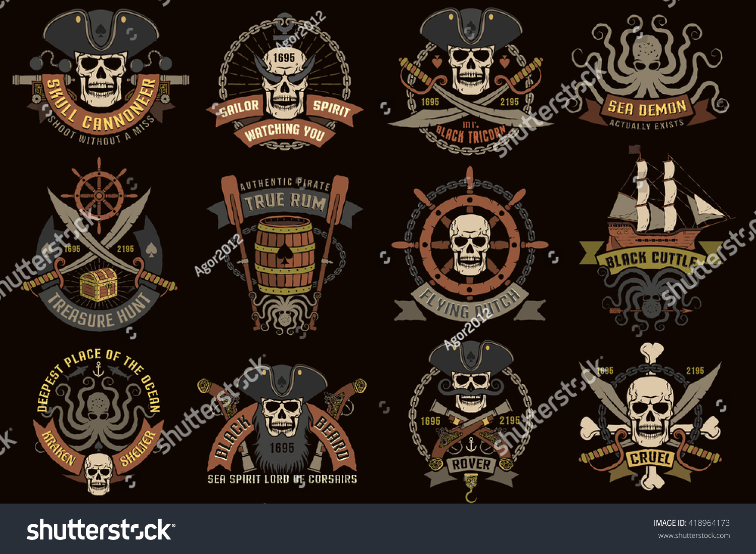 Pirate Color Logos Skulls On Black Stock Illustration 418964173 ...