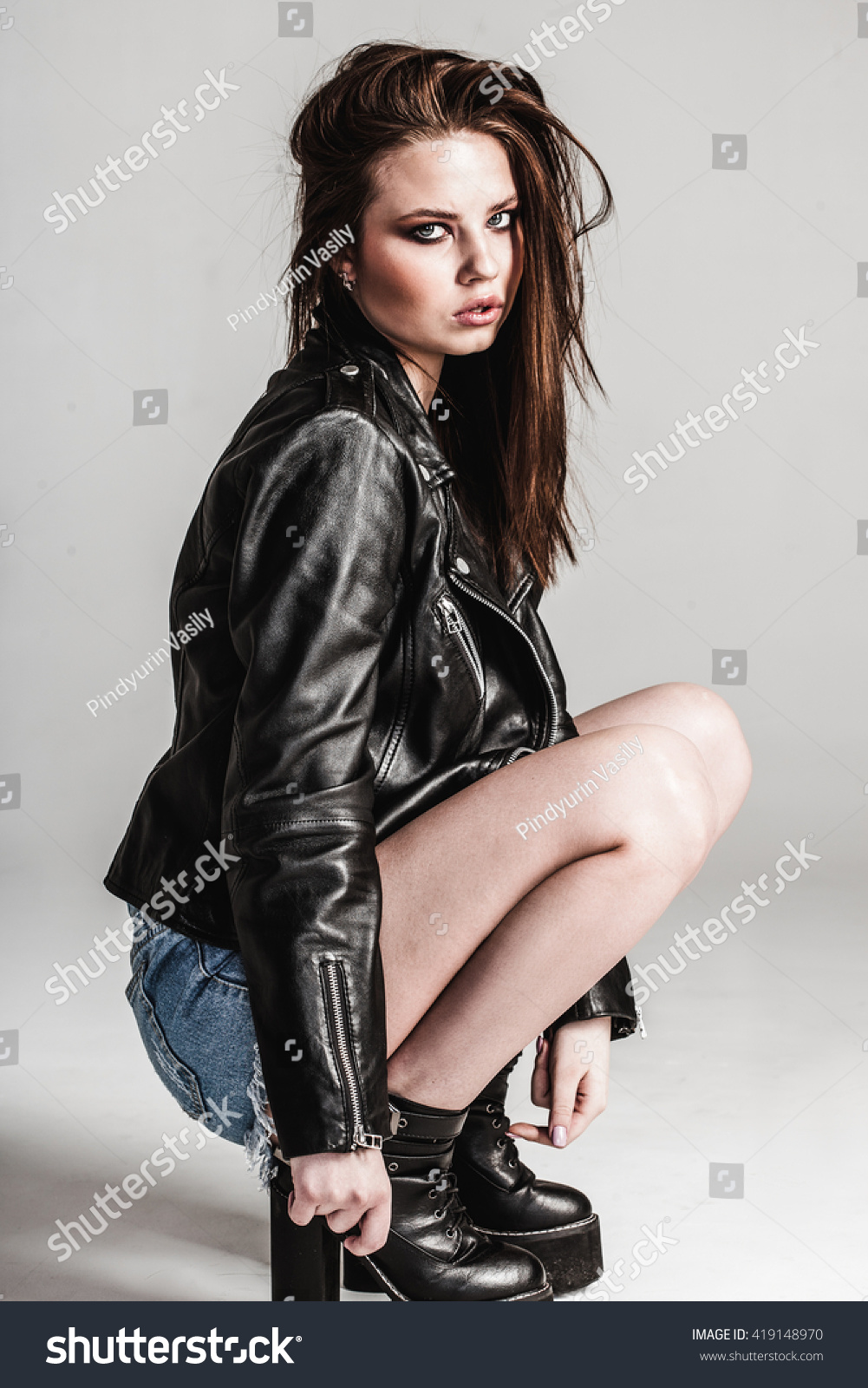Young Pretty Sexy Woman Leather Jacket Stock Photo 419148970 | Shutterstock