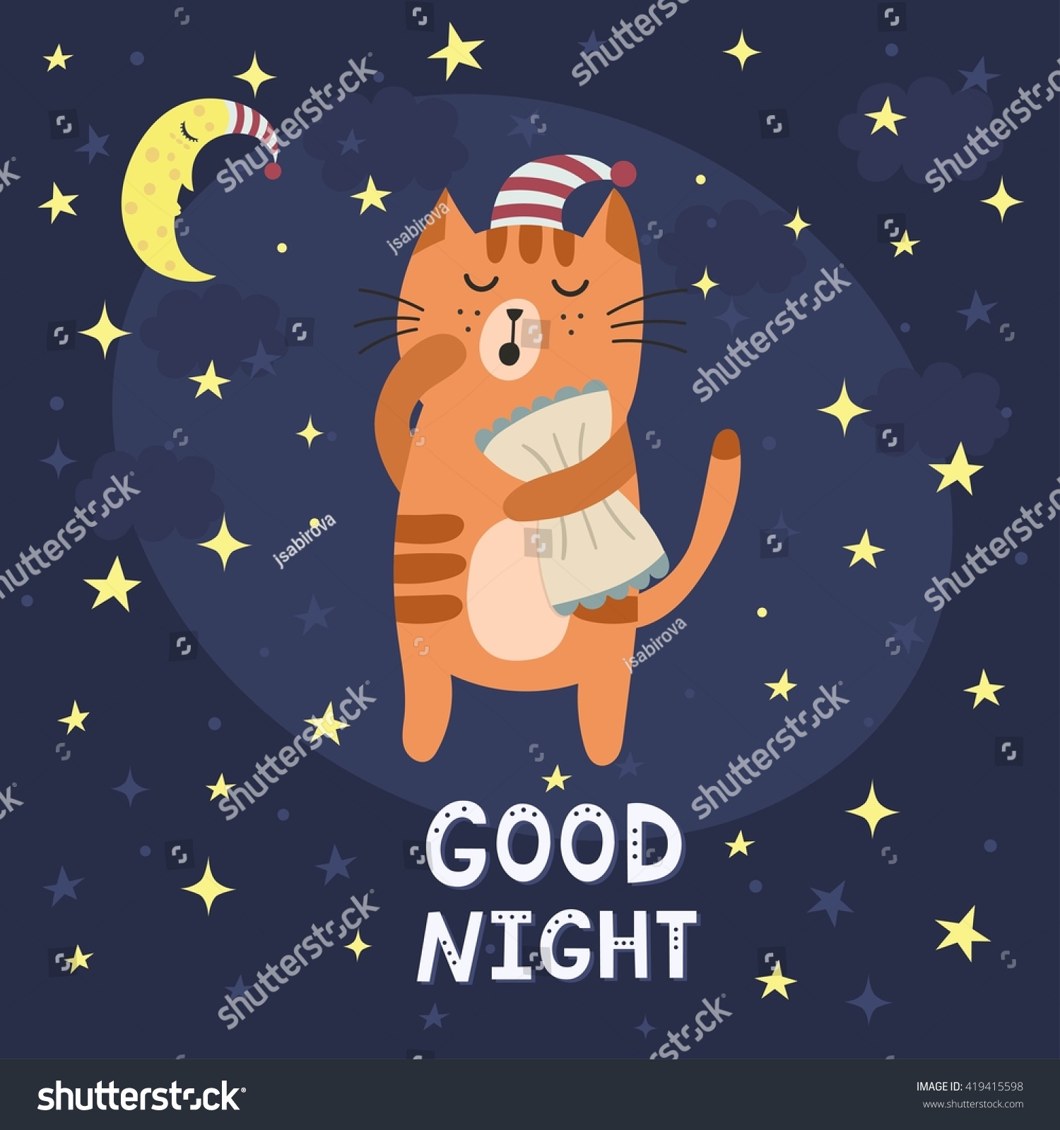 Good Night Card Cute Sleepy Cat Stock Vector (Royalty Free) 419415598 ...