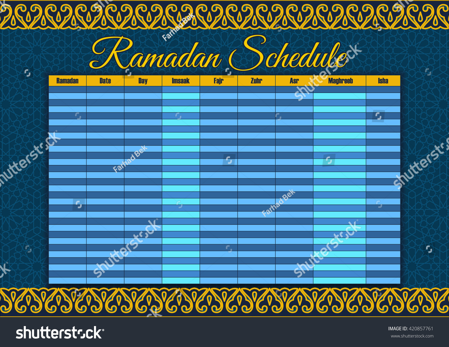 Ramadan Calendar Schedule Fasting Iftar Prayer Stock Vector (Royalty ...