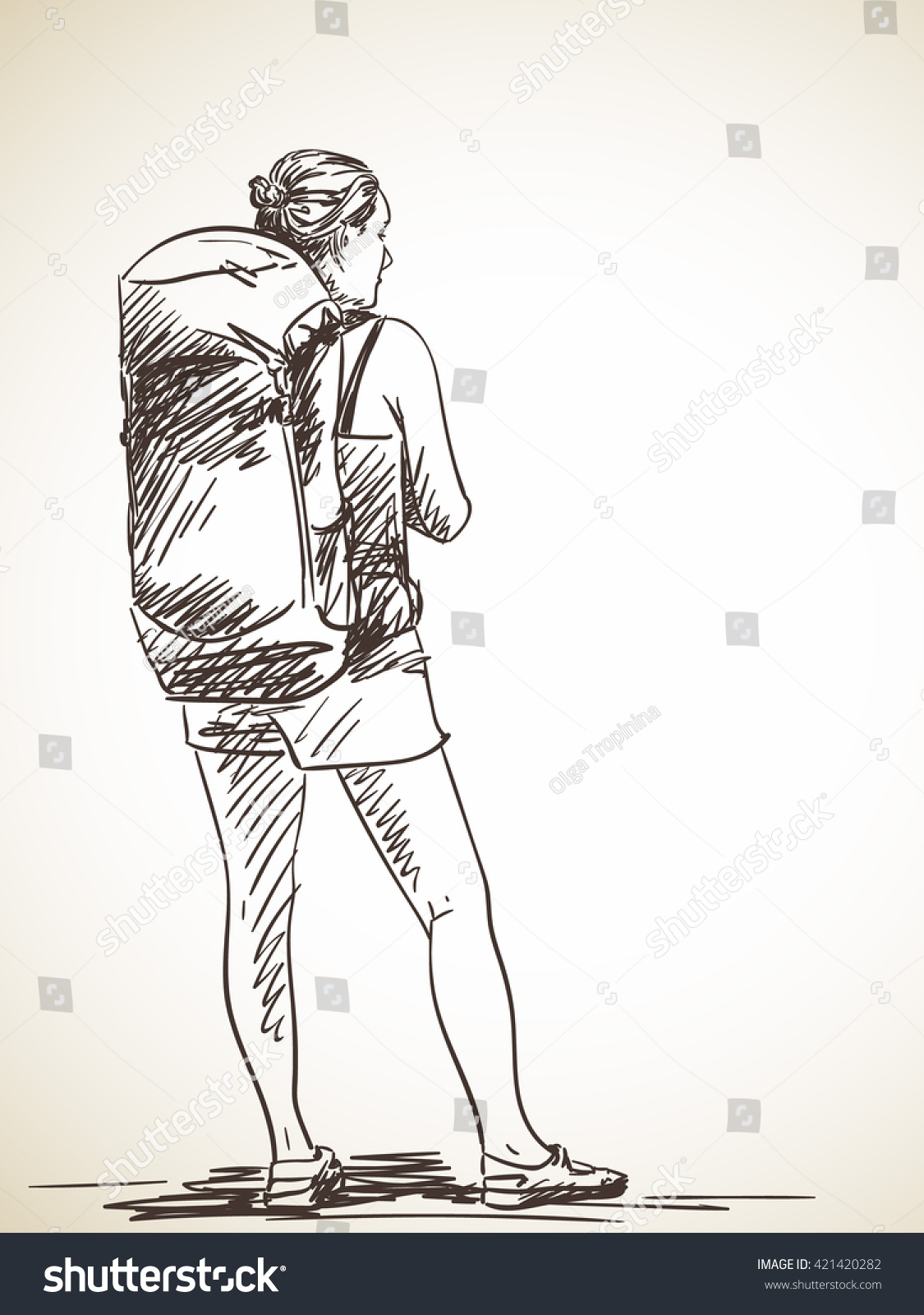 Sketch Woman Back Standing Backpack Hand Stock Vector (Royalty Free ...